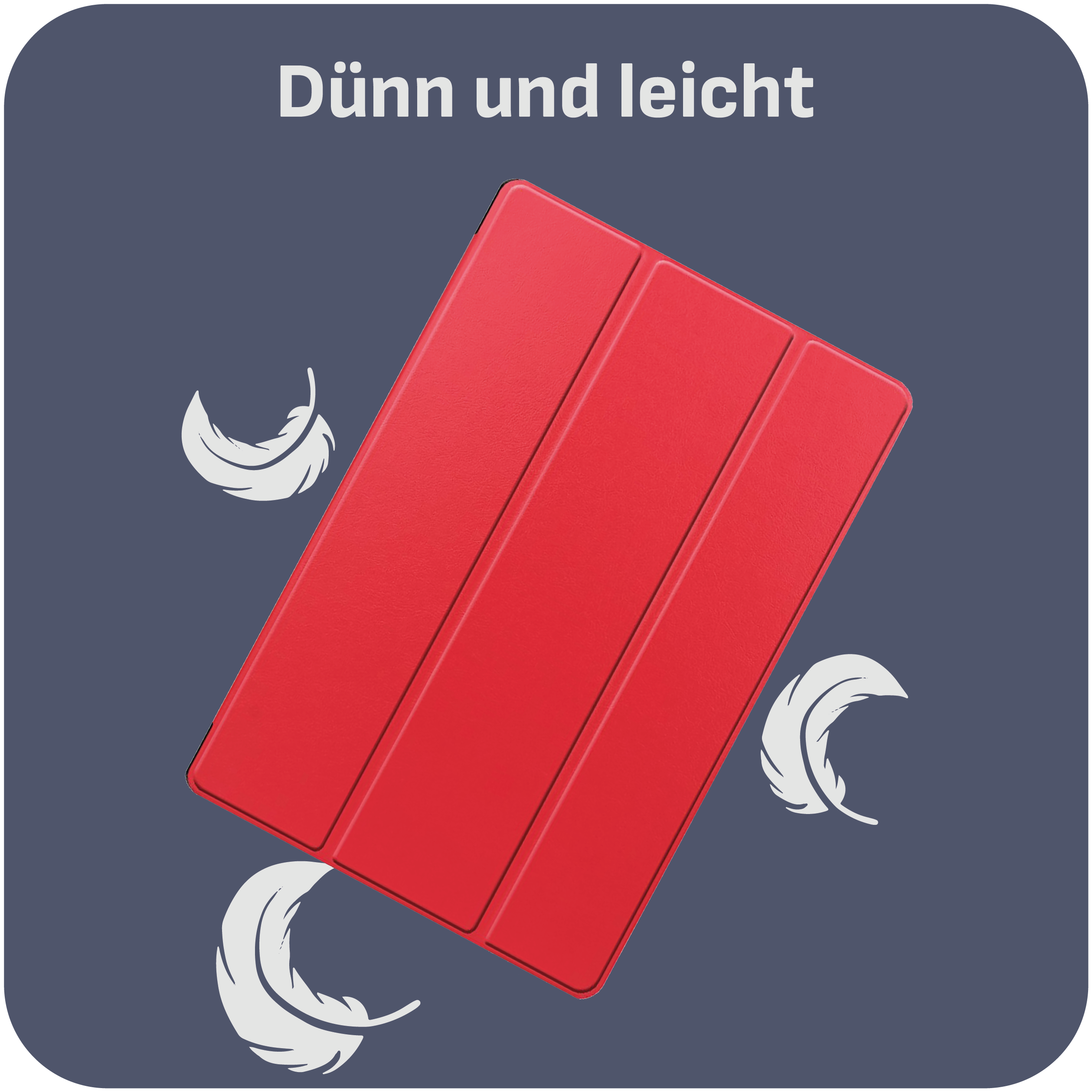 Rote Tablethülle mit weißen Federn auf dunkelblauem Hintergrund.
