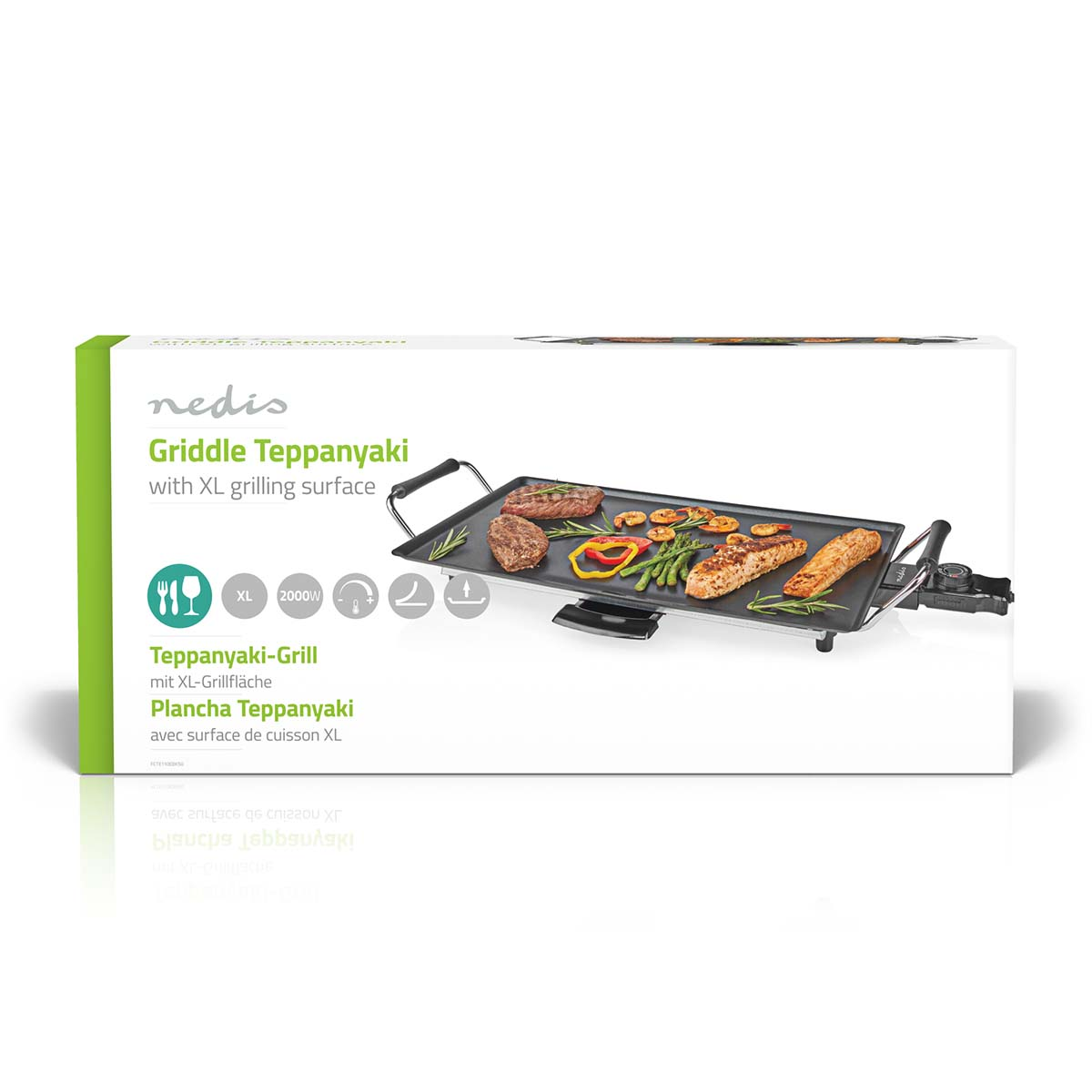 Griddle Teppanyaki mit Essen darauf. Box mit Produktinformationen.
