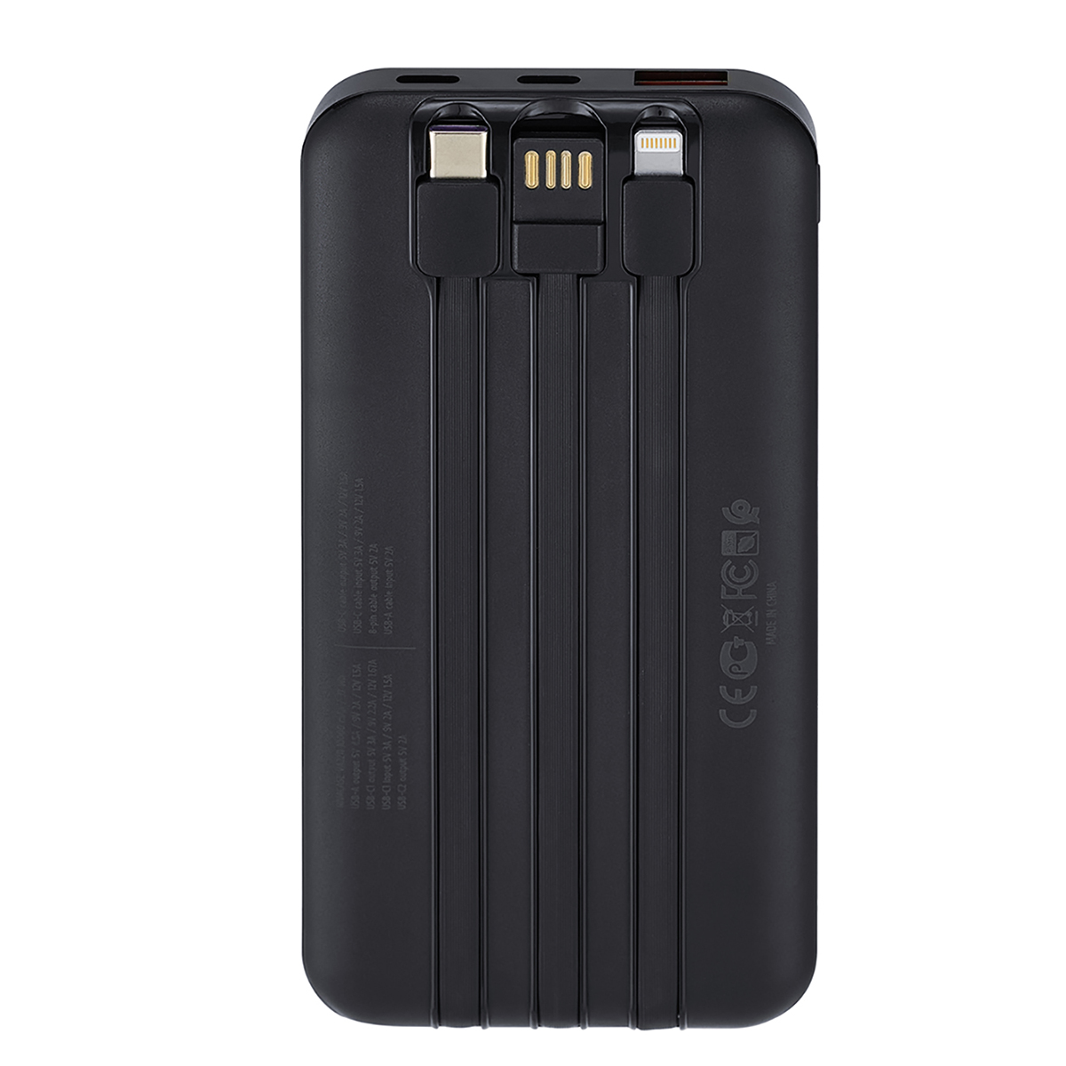 Zwarte powerbank met USB-C, USB en Lightning poorten, met tekst. Achteraanzicht.