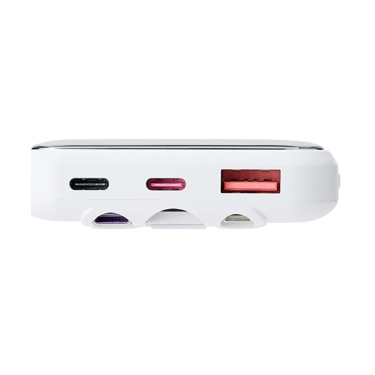 Un power bank bianco con più porte USB, visto lateralmente.