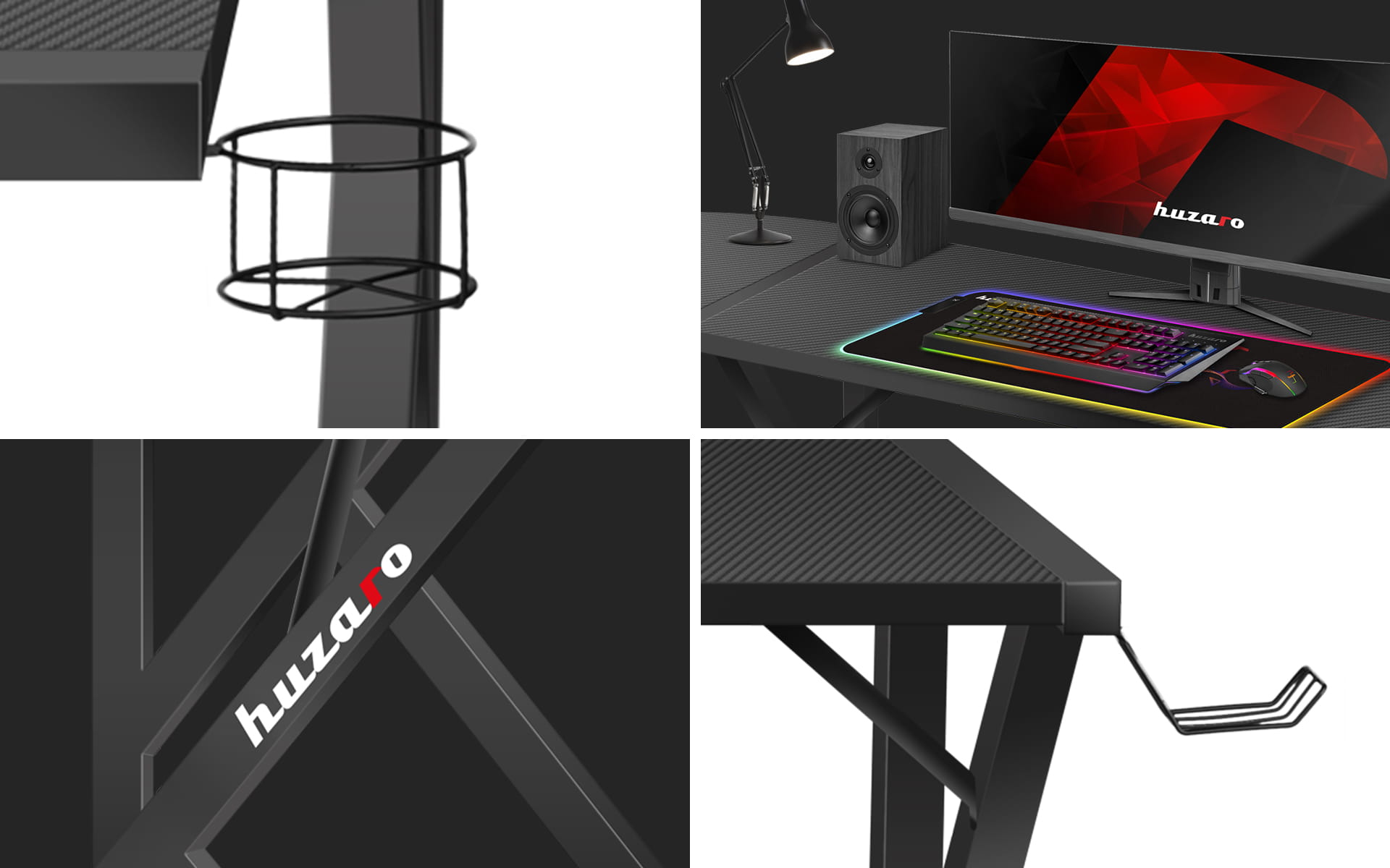 Zbliżenie czarnego biurka do gier z uchwytem na kubek, uchwytem na słuchawki i logo Huzao.