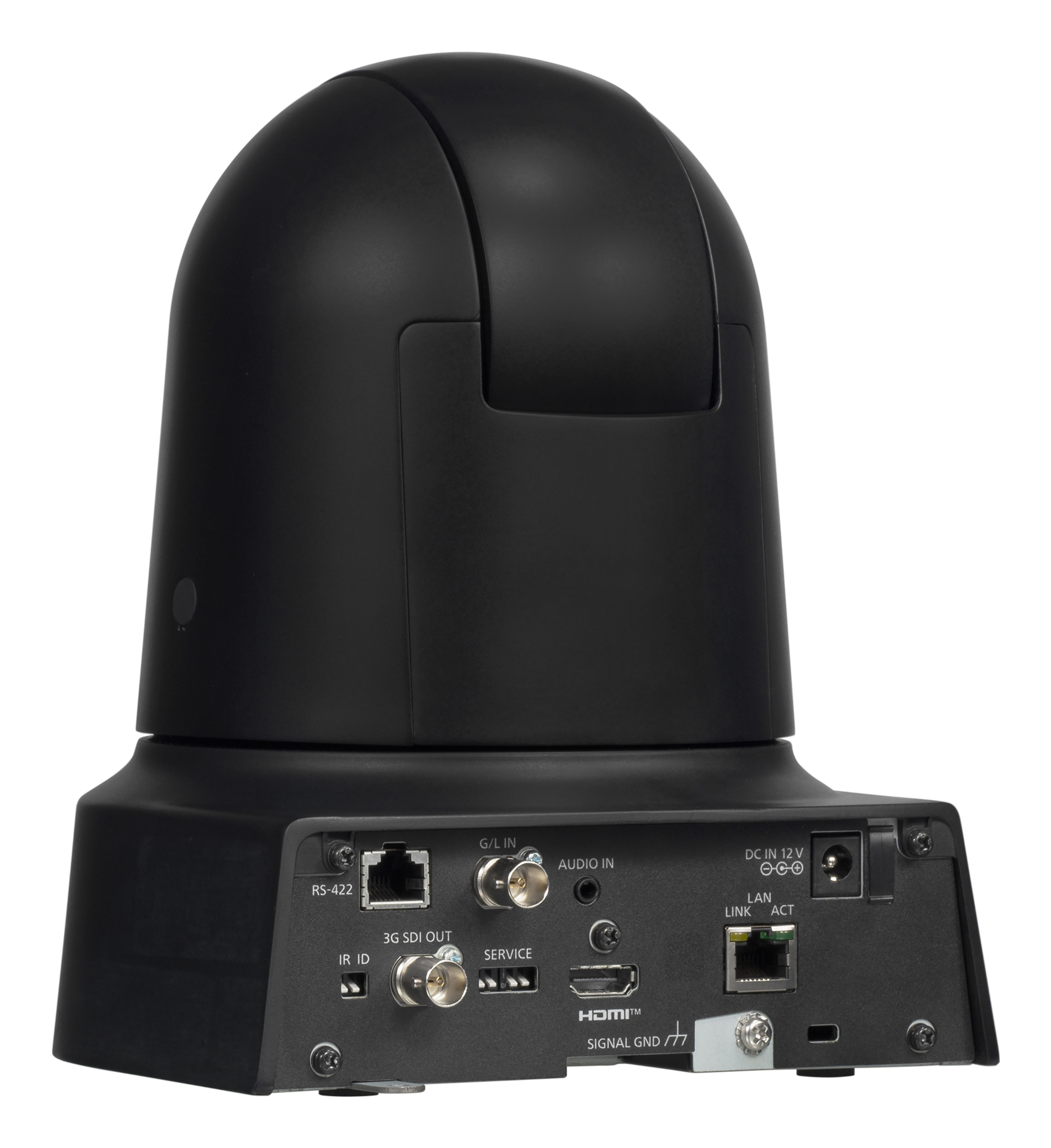 Telecamera di sicurezza nera con più porte e una cupola. Sfondo bianco.