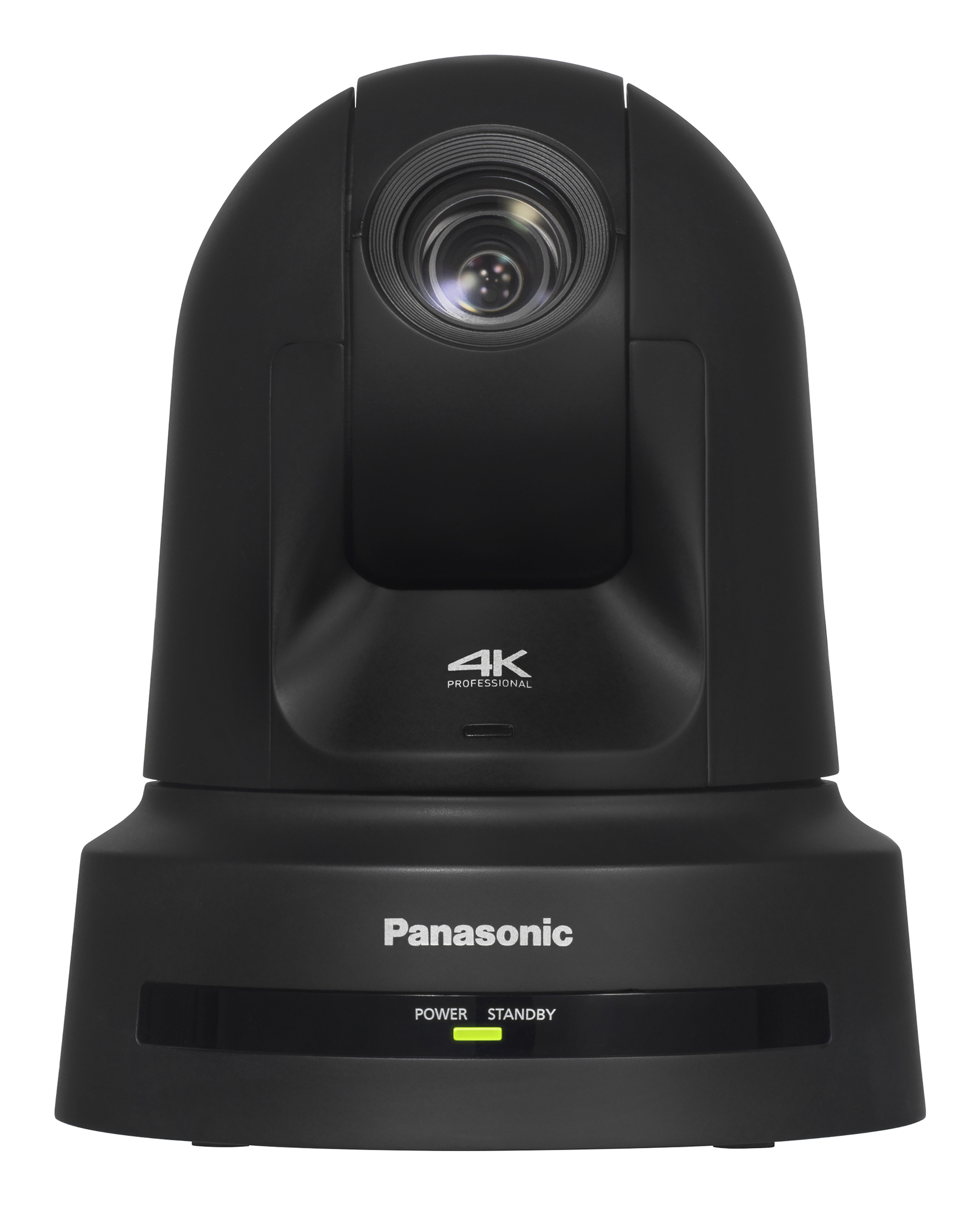 Telecamera professionale 4K Panasonic nera. Base rotonda, telecamera superiore, luce verde.