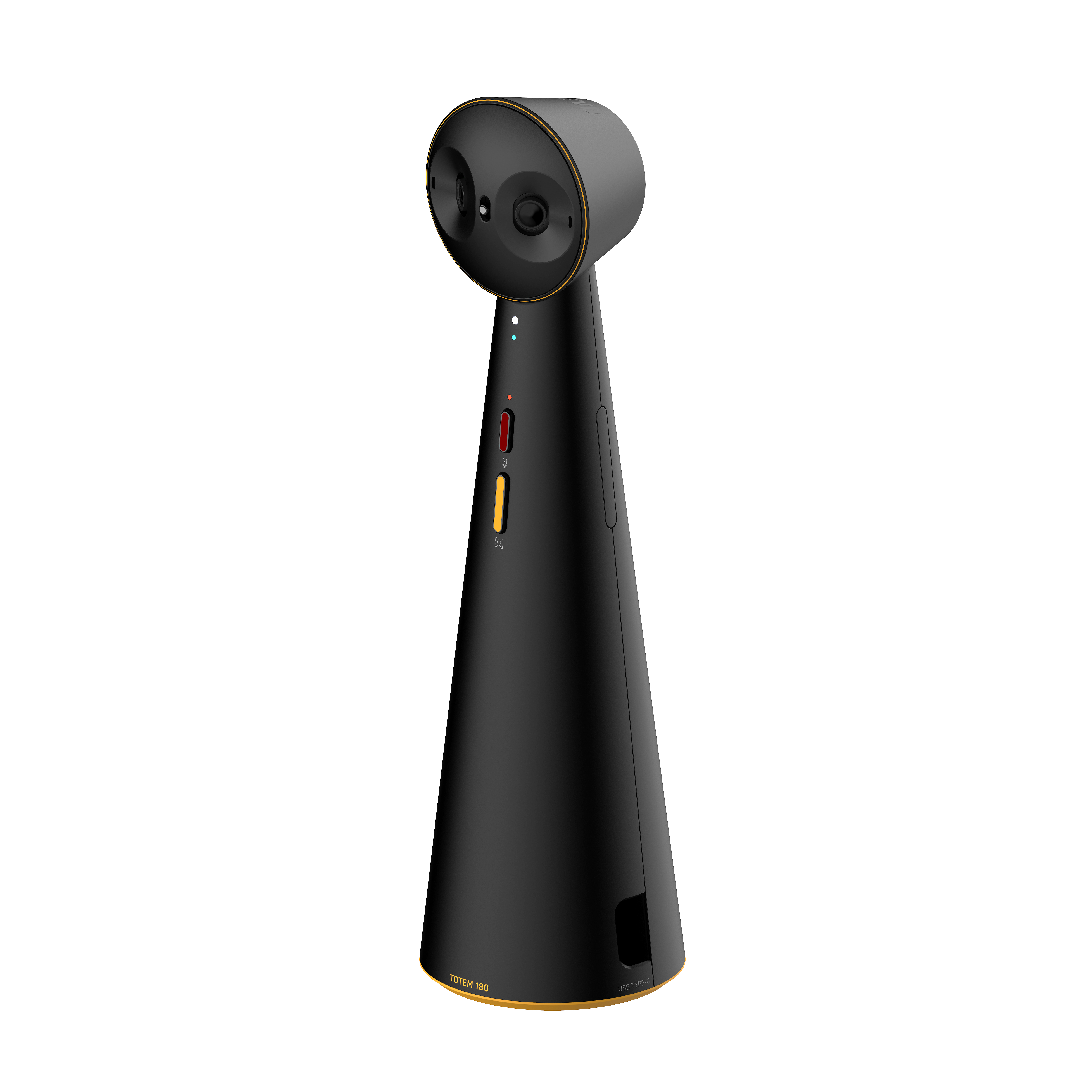 Schwarze, kegelförmige Totem Neo Kamera mit goldenen Akzenten. Zwei Linsen und rote/gelbe Lichter.