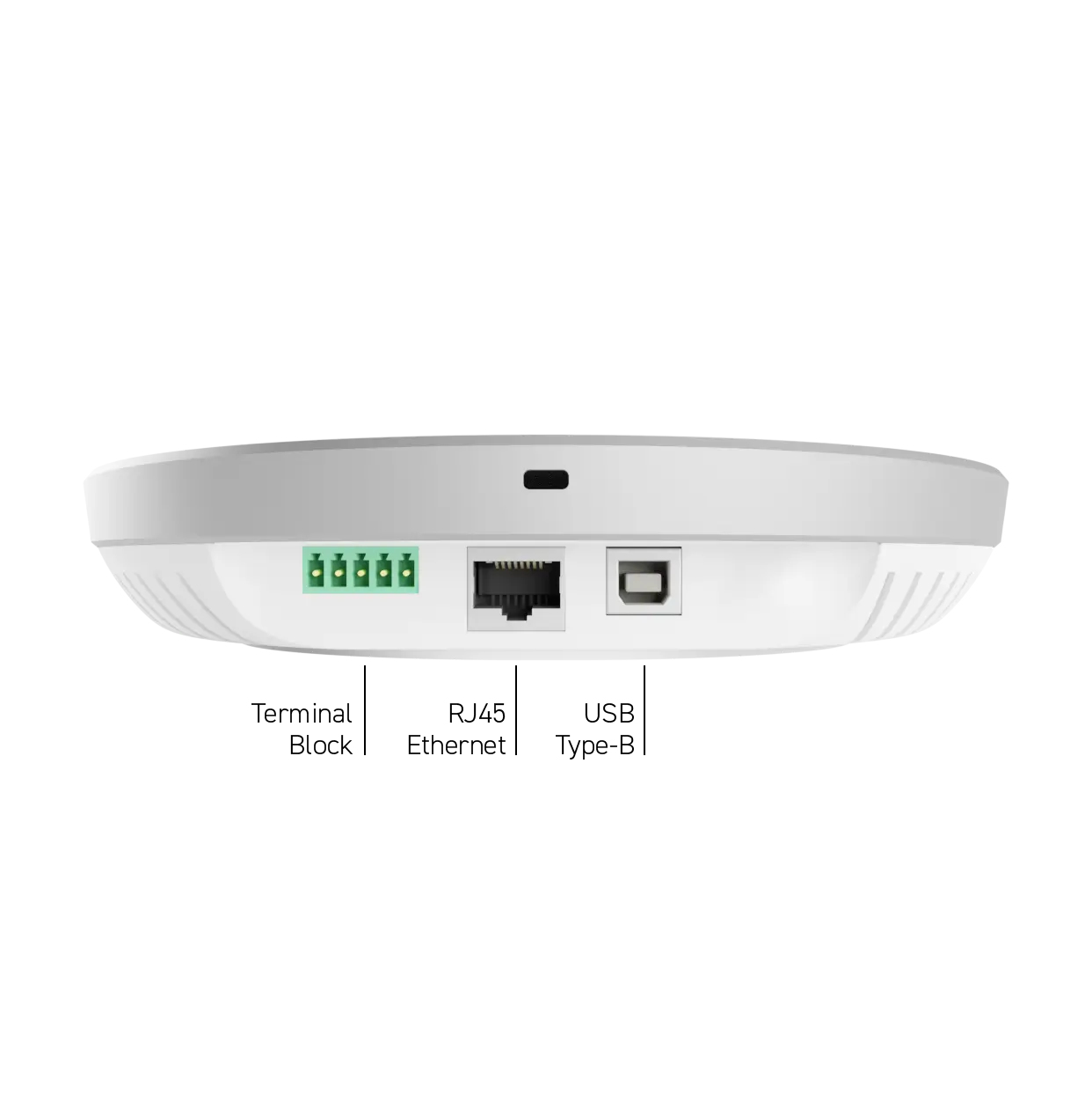 Dispositivo blanco con bloque de terminales, Ethernet RJ45 y puerto USB Tipo-B. Fondo blanco.