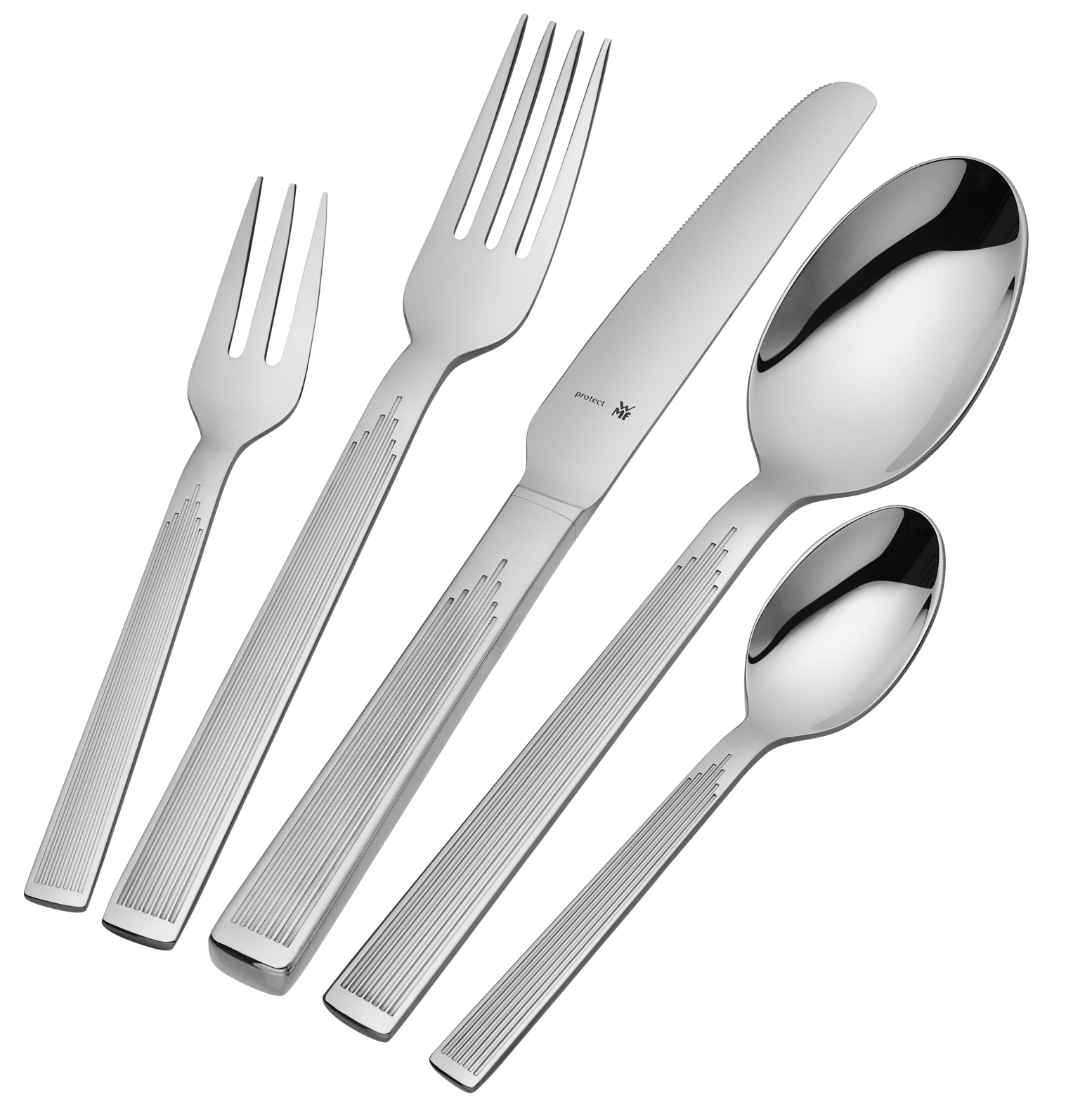 Silbernes Besteck-Set mit Gabeln, Messer und Löffeln.