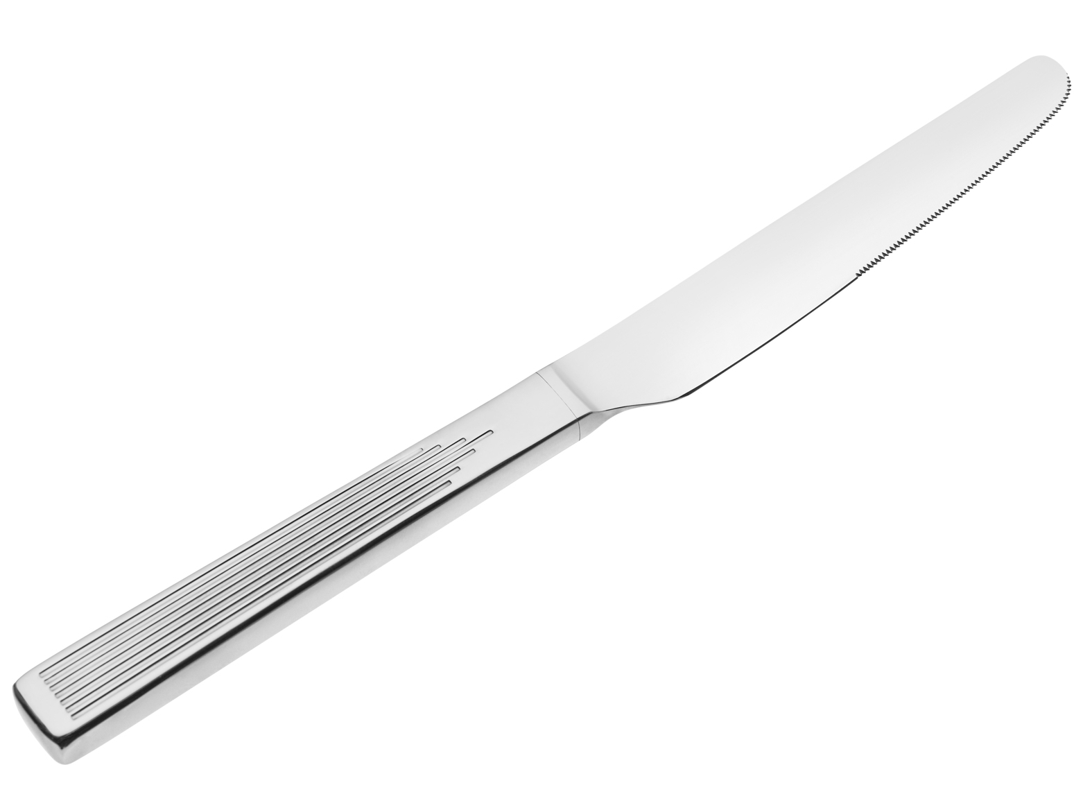 Silbernes Messer mit gezahnter Klinge. Der Griff hat ein gestreiftes Design.