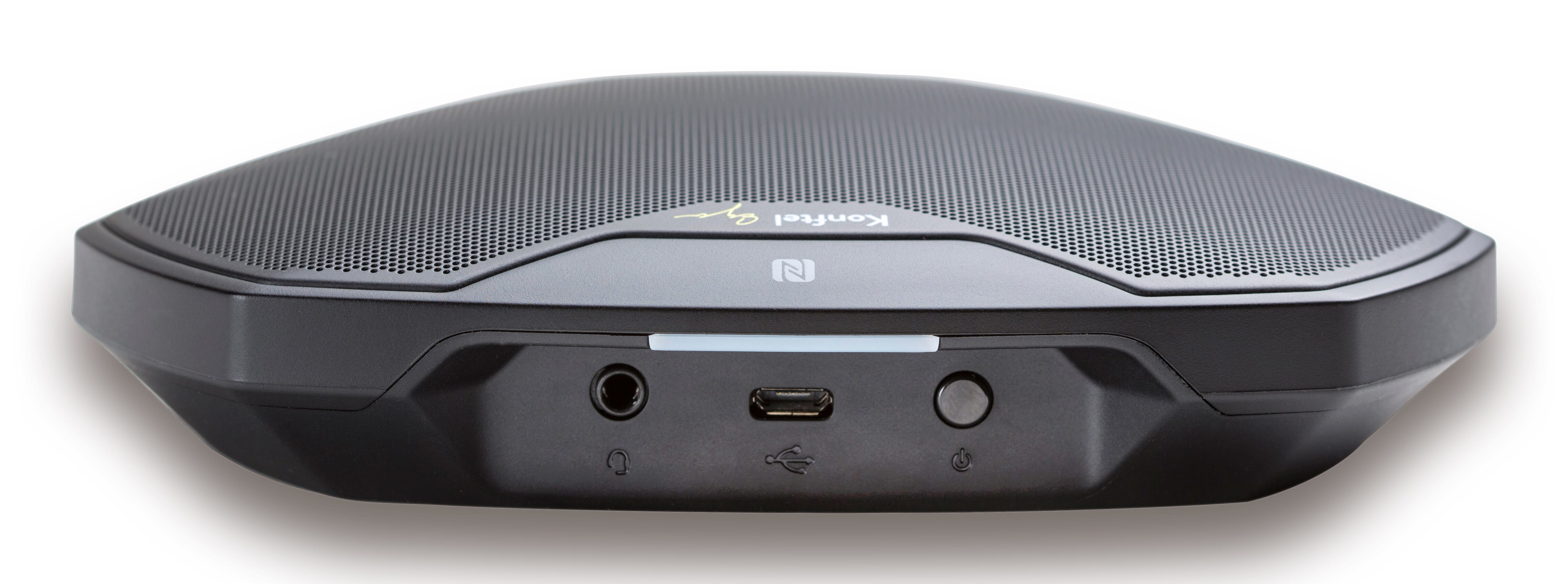 Vivavoce nero ovale con jack per cuffie, porta USB e un pulsante, su sfondo bianco.