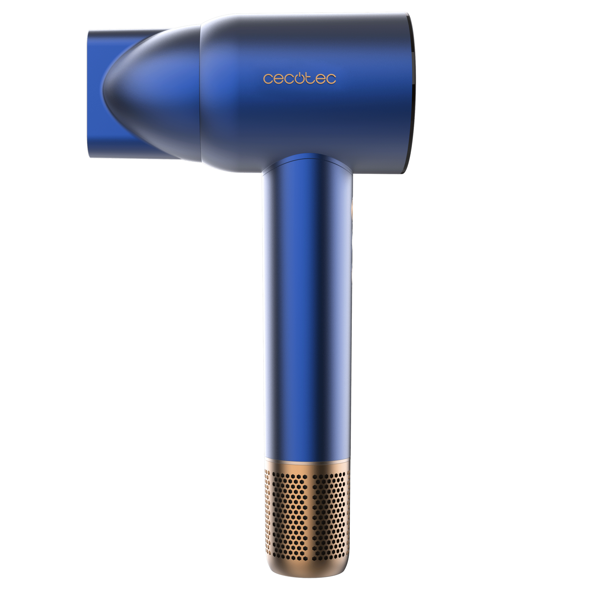 Un asciugacapelli blu con dettagli dorati, visto frontalmente. Il design è moderno.
