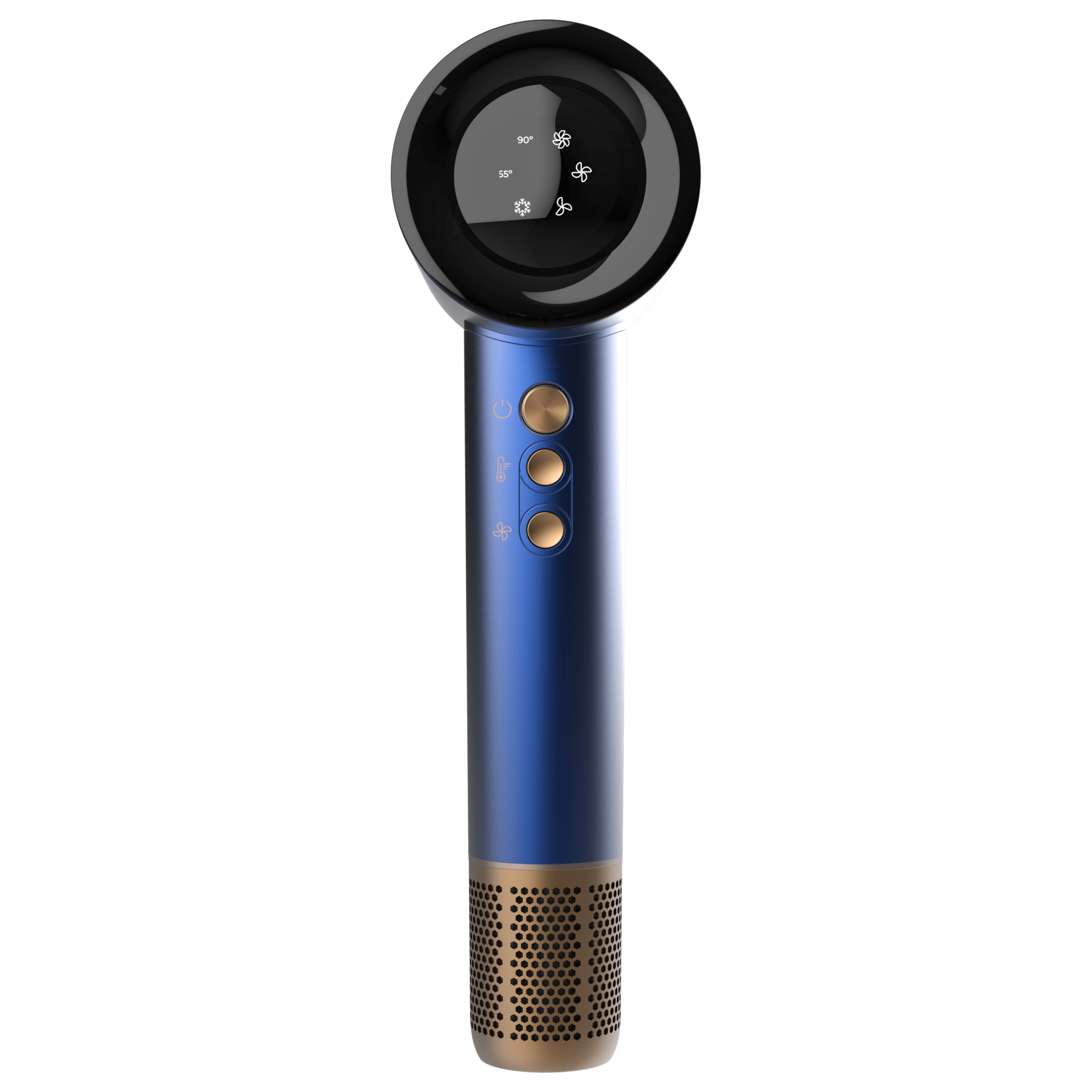 Un asciugacapelli blu e oro con testa rotonda nera, pulsanti e display digitale.