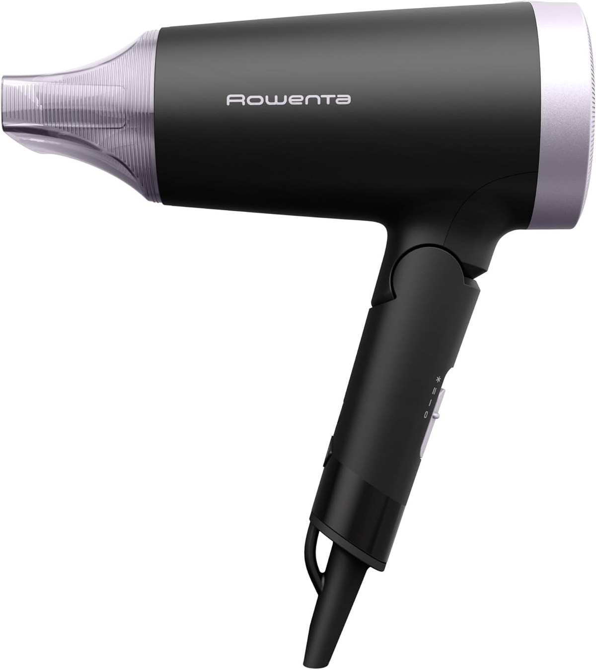 Secador de pelo negro con detalles plateados. Marca Rowenta. El fondo es blanco.