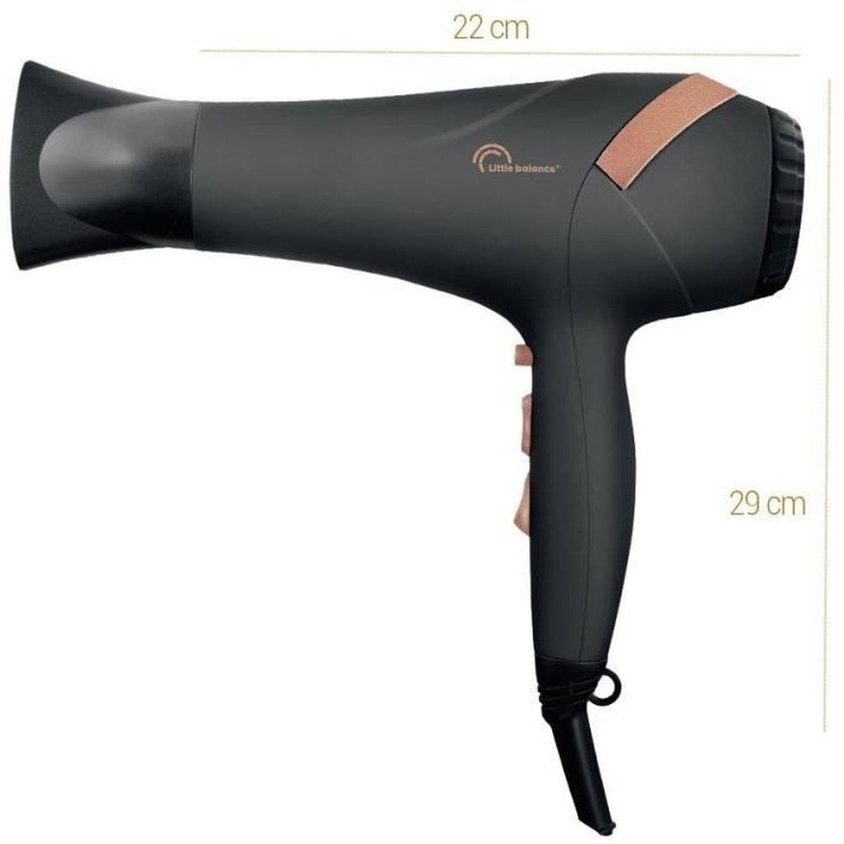 Czarna suszarka do włosów z brązowymi akcentami i logo Little Balance. Wymiary: 22cm na 29cm.