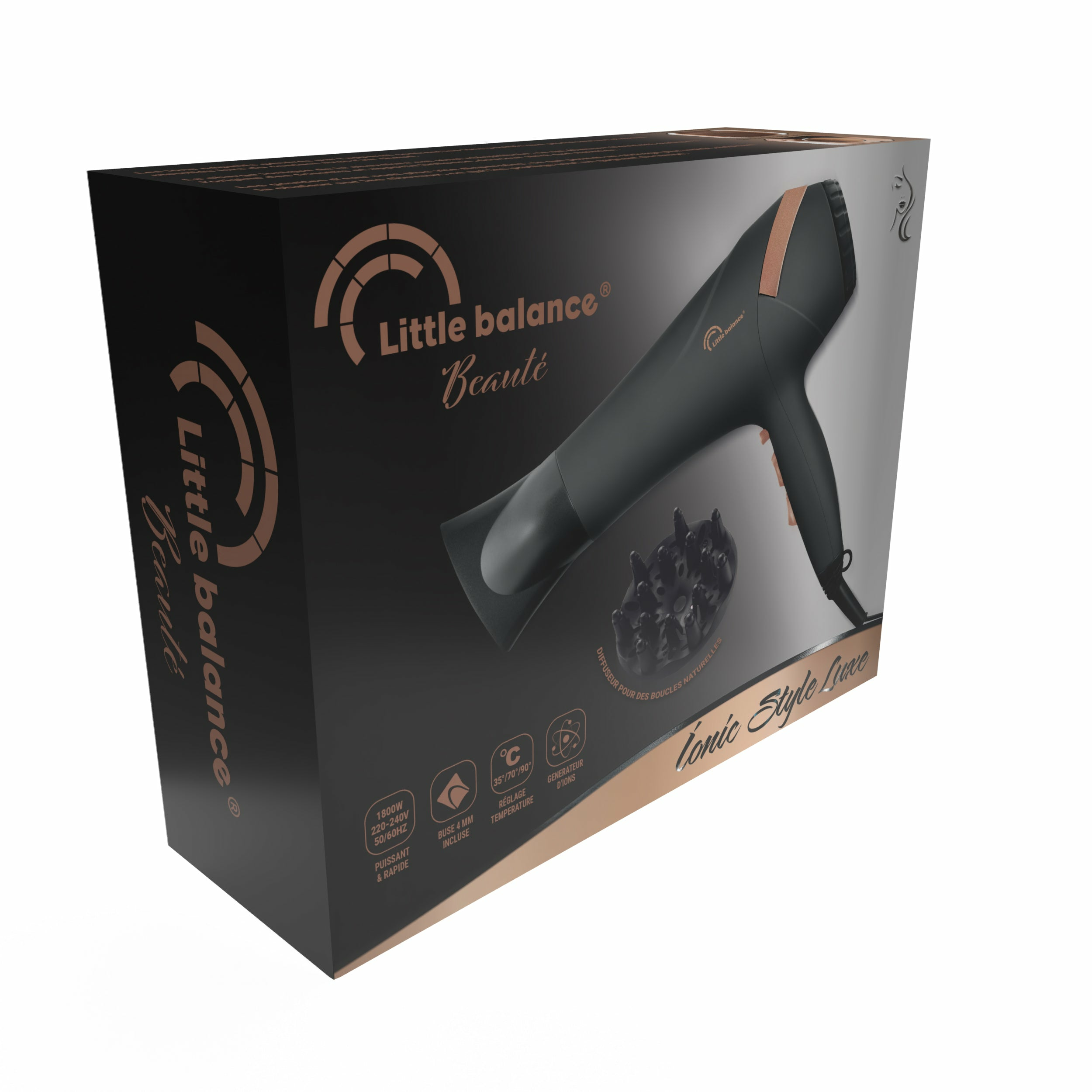 Czarna suszarka do włosów w czarnym pudełku ze złotymi akcentami. Z nazwą marki 'Little Balance'.