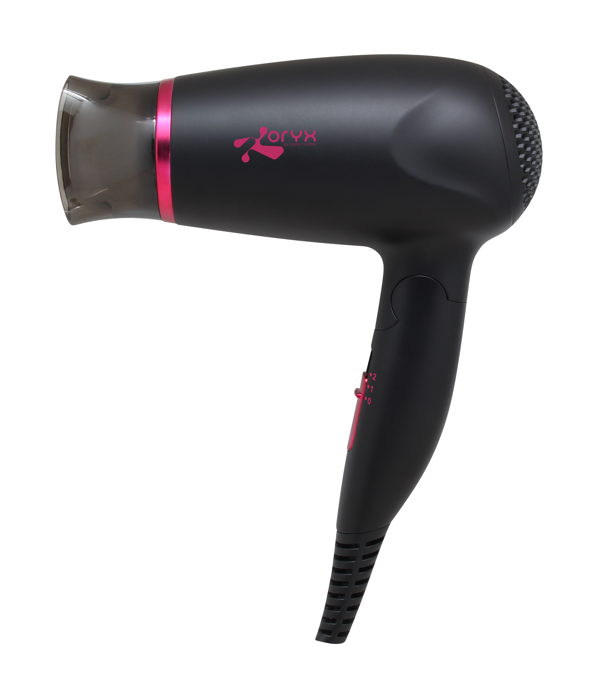Secador de pelo negro con detalles rosas. La marca "oryx" es visible.
