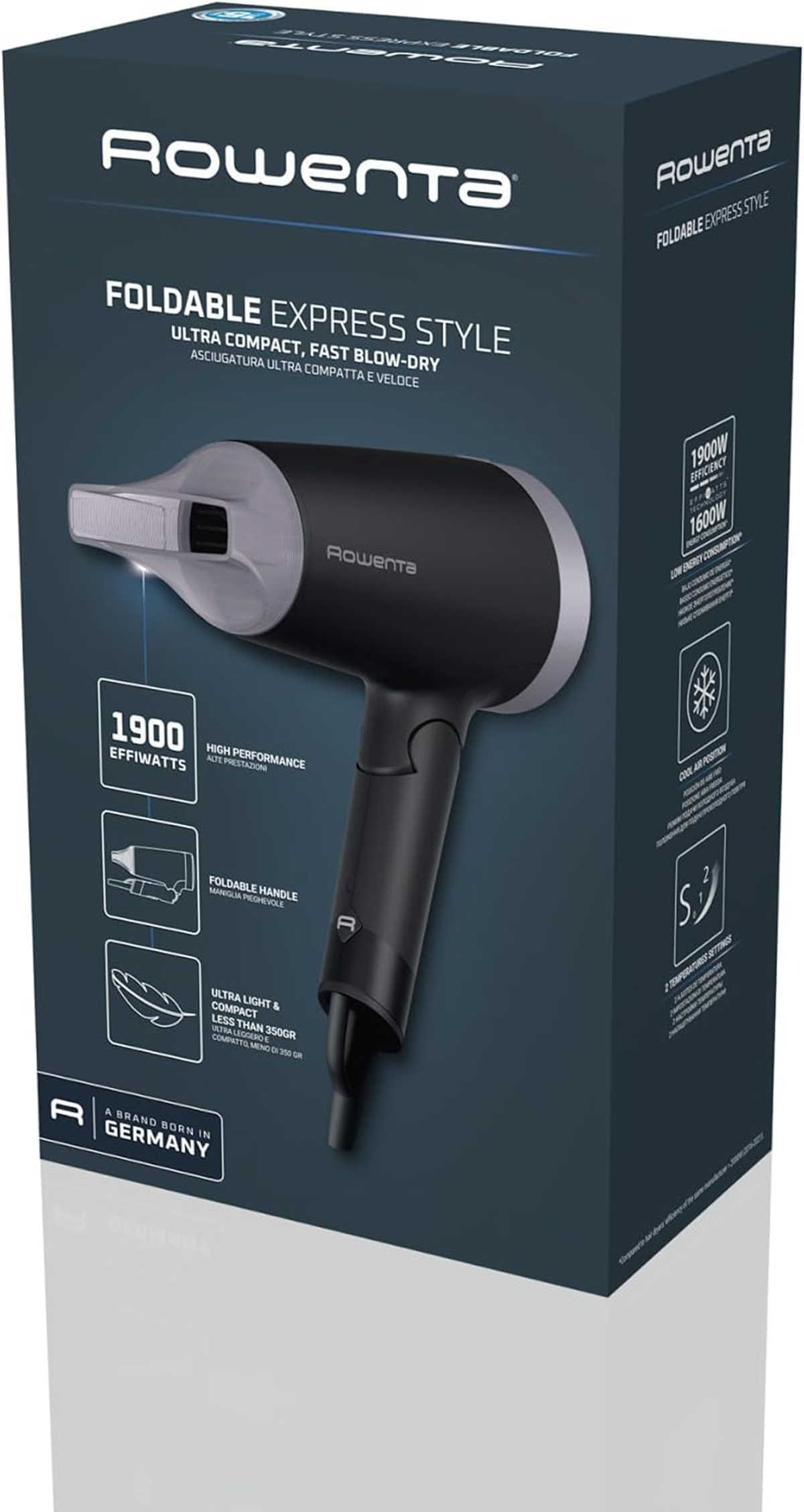 Secador de pelo Rowenta plegable estilo express. El producto está en una caja.