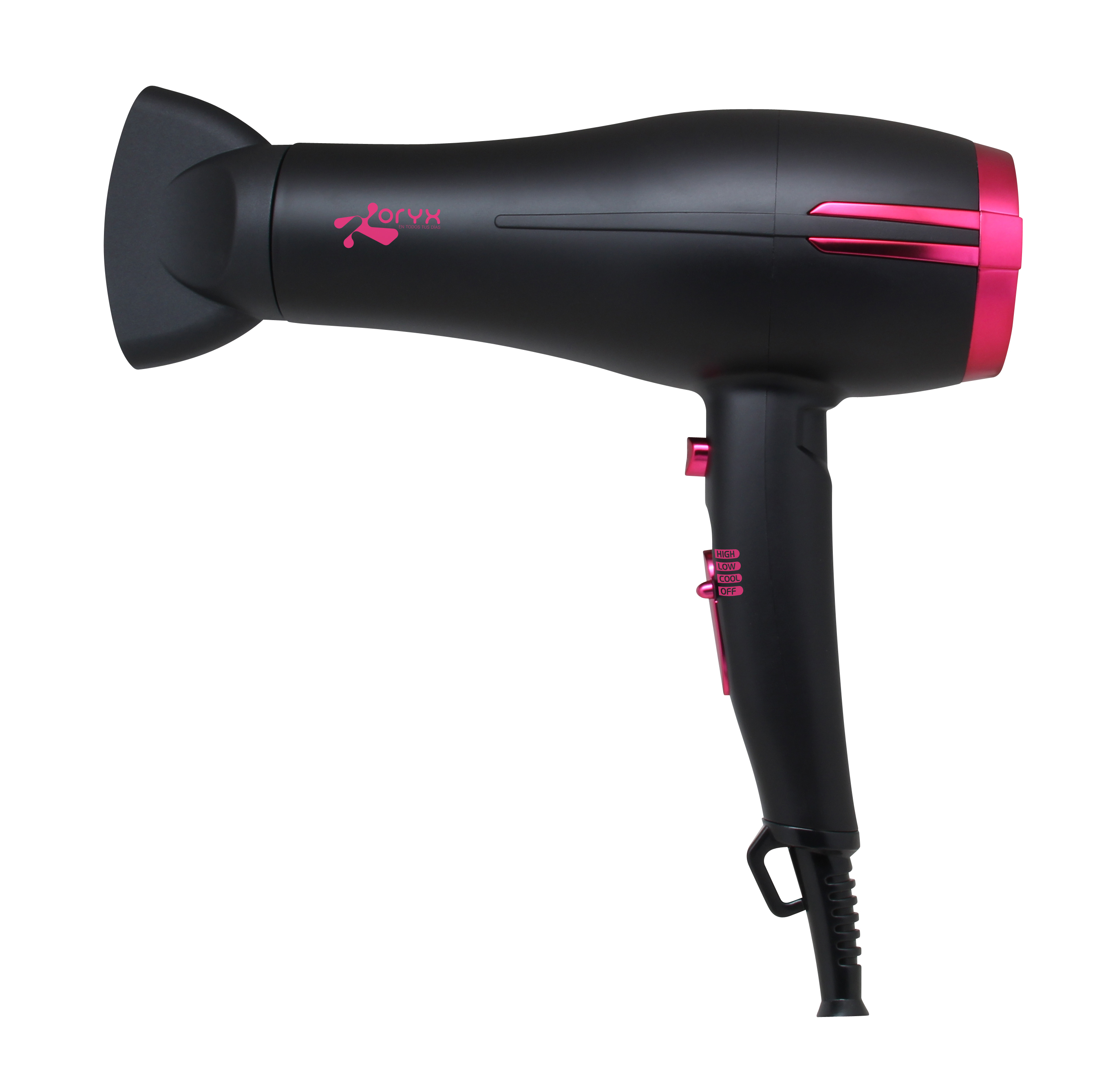Secador de pelo negro y rosa sobre fondo blanco, vista lateral, con ajustes etiquetados.