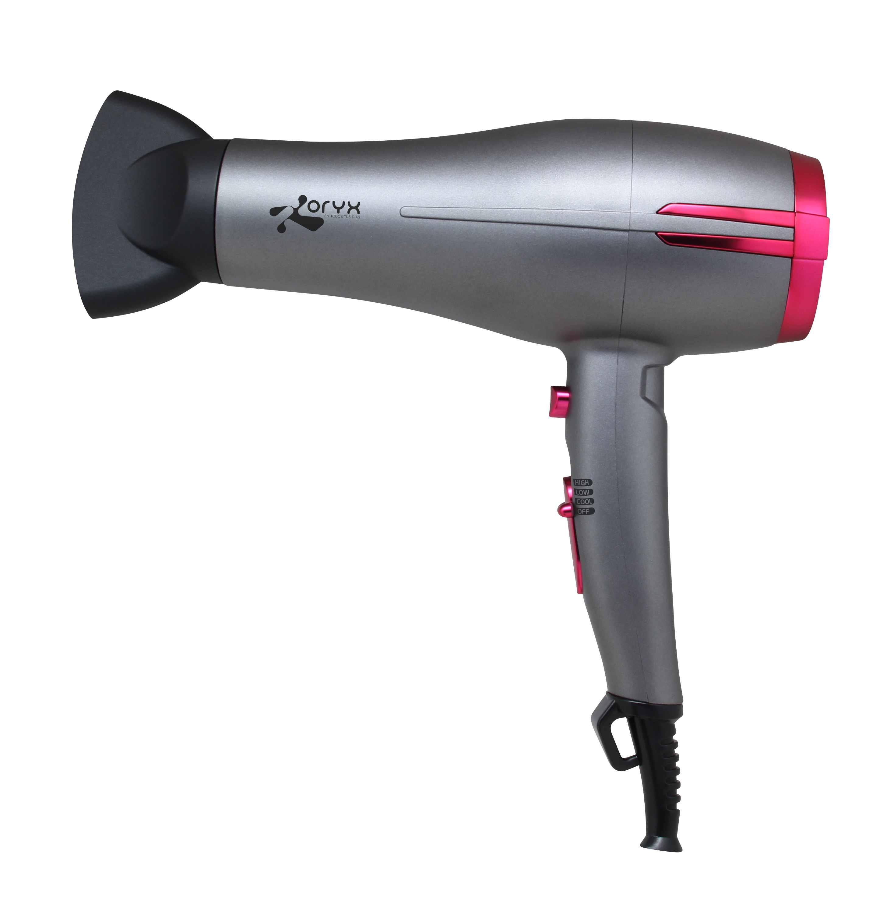 Secador de pelo gris y rosa, con el logo de la marca en el lateral.