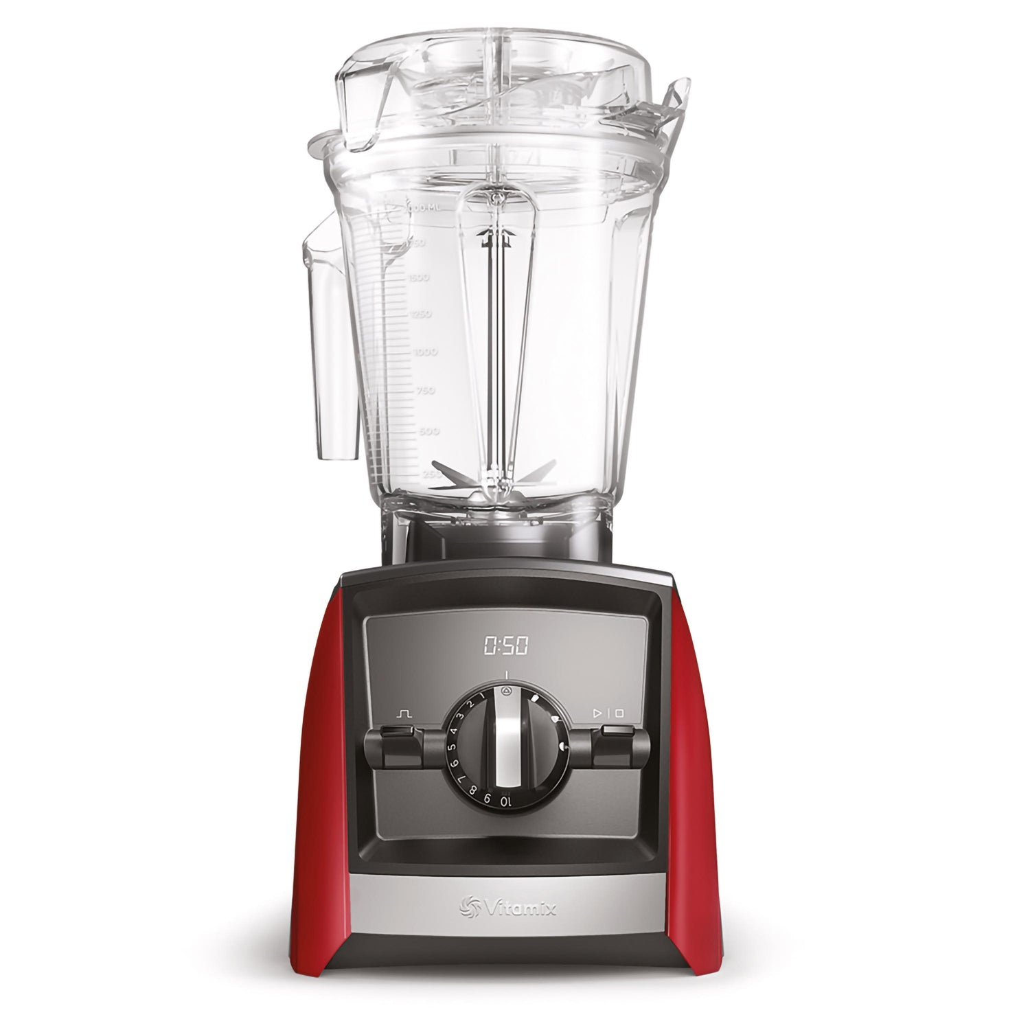 Frullatore Vitamix rosso e grigio. Contenitore trasparente con misurazioni. Sfondo bianco.