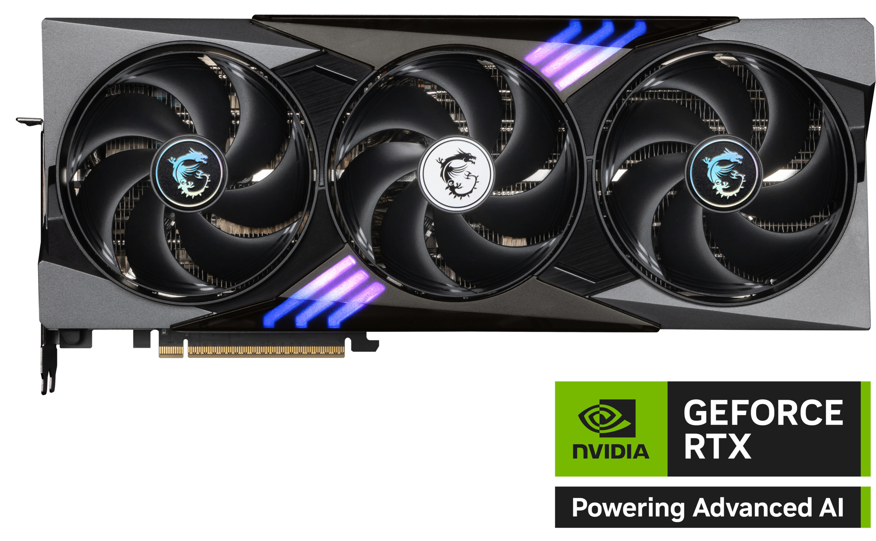 Beyaz zemin üzerinde, üç fanlı MSI GeForce RTX ekran kartı. NVIDIA logosu.