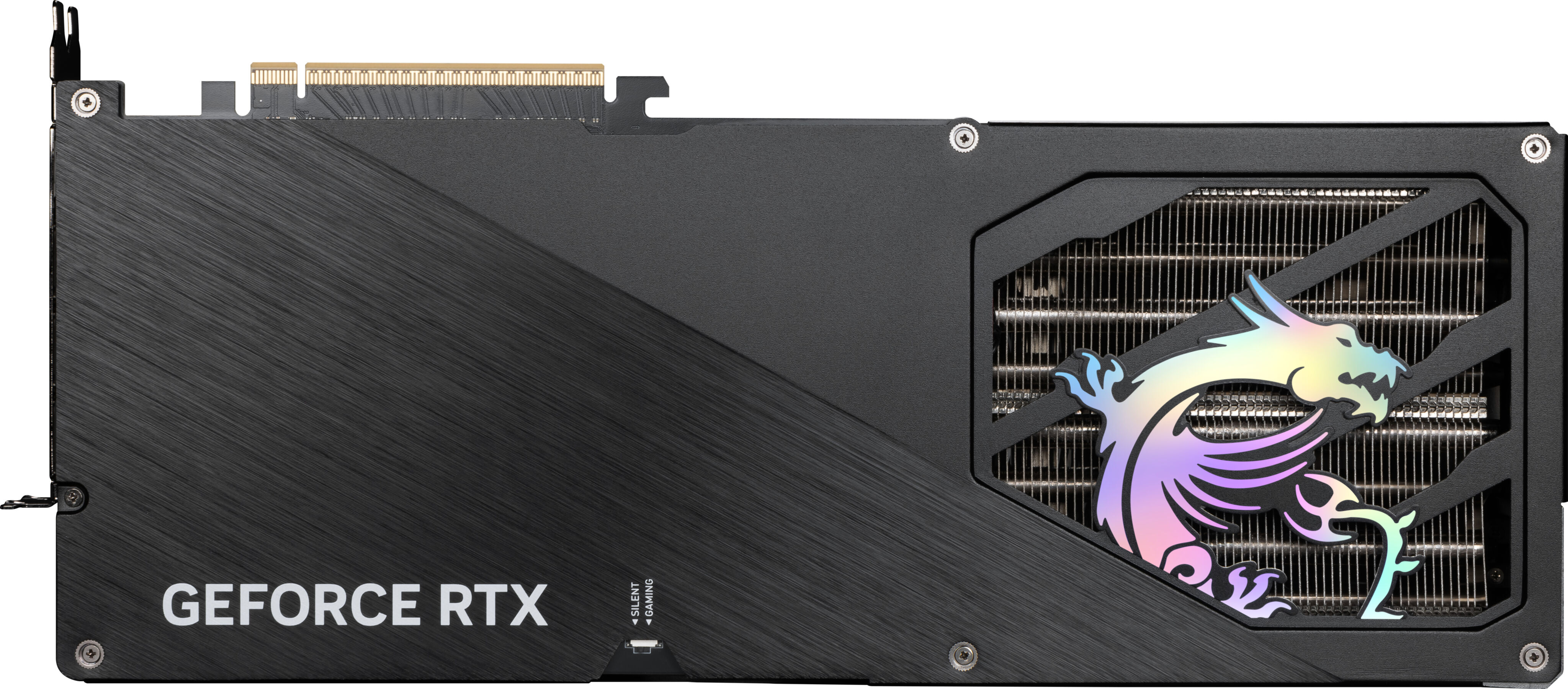 Renkli bir ejderha logosu olan siyah grafik kartı. Kartta 'GEFORCE RTX' kelimesi var.