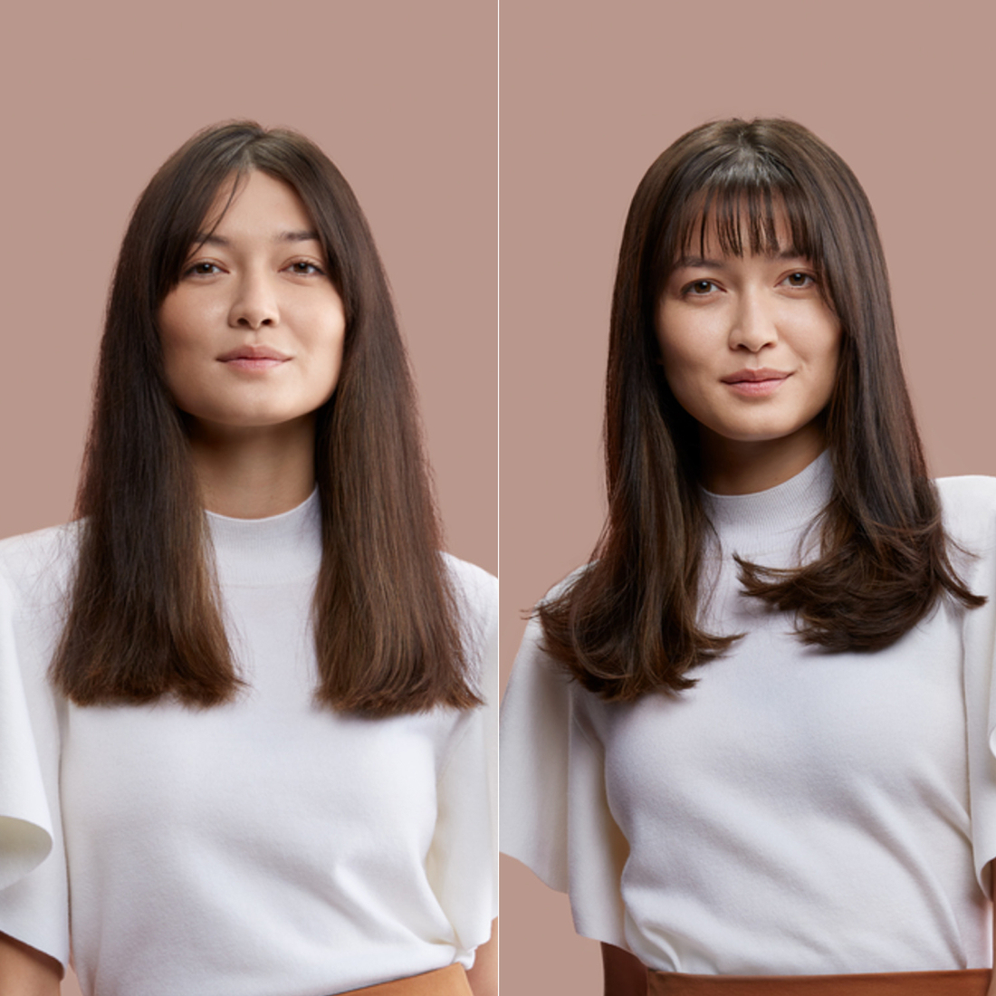 Una donna con lunghi capelli scuri, e poi con la frangia, indossa una camicia bianca, sfondo marrone.