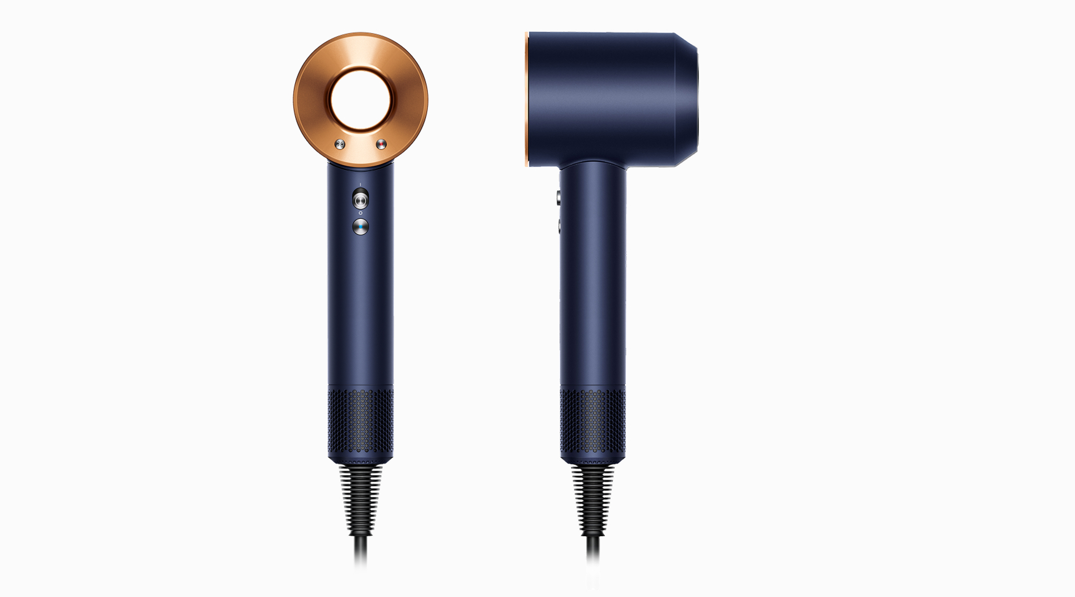 Niebieska i miedziana suszarka do włosów, dwa widoki. Białe tło.
