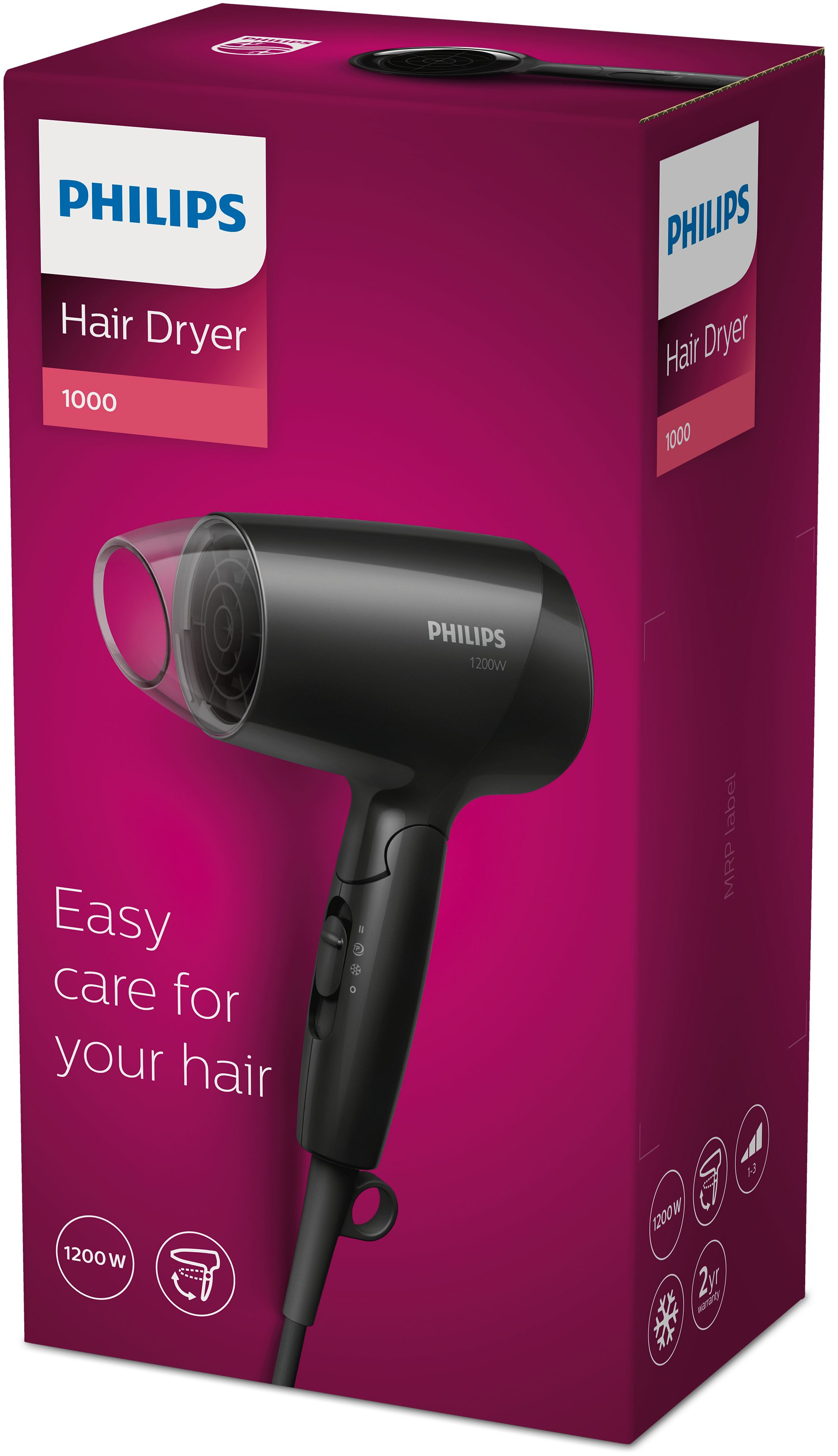 Een zwarte Philips haardroger op een magenta doos met "Easy care for your hair".