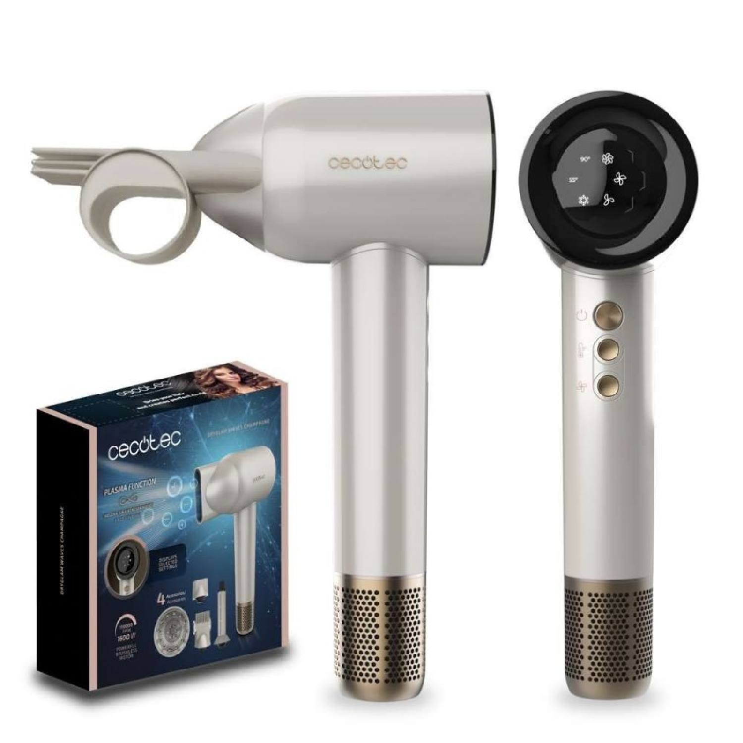 Secador de pelo Cecotec blanco y dorado con accesorios y una caja. Incluye una pantalla digital en la parte trasera.