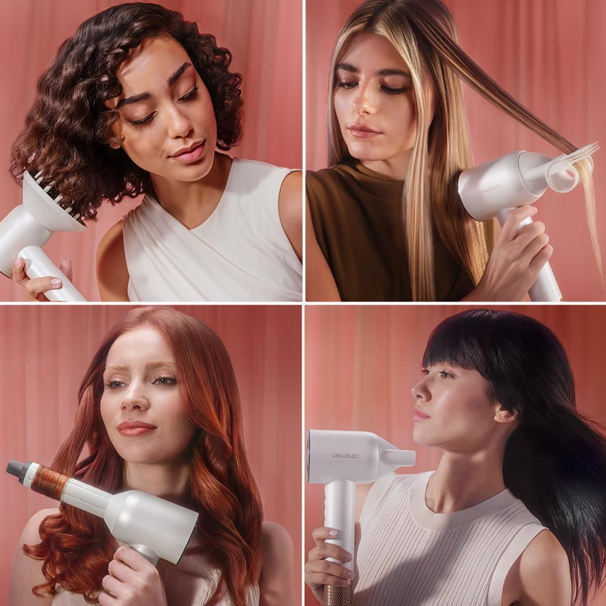 Cuatro mujeres usando secadores de pelo. Cada una sostiene un tipo diferente y se peina.