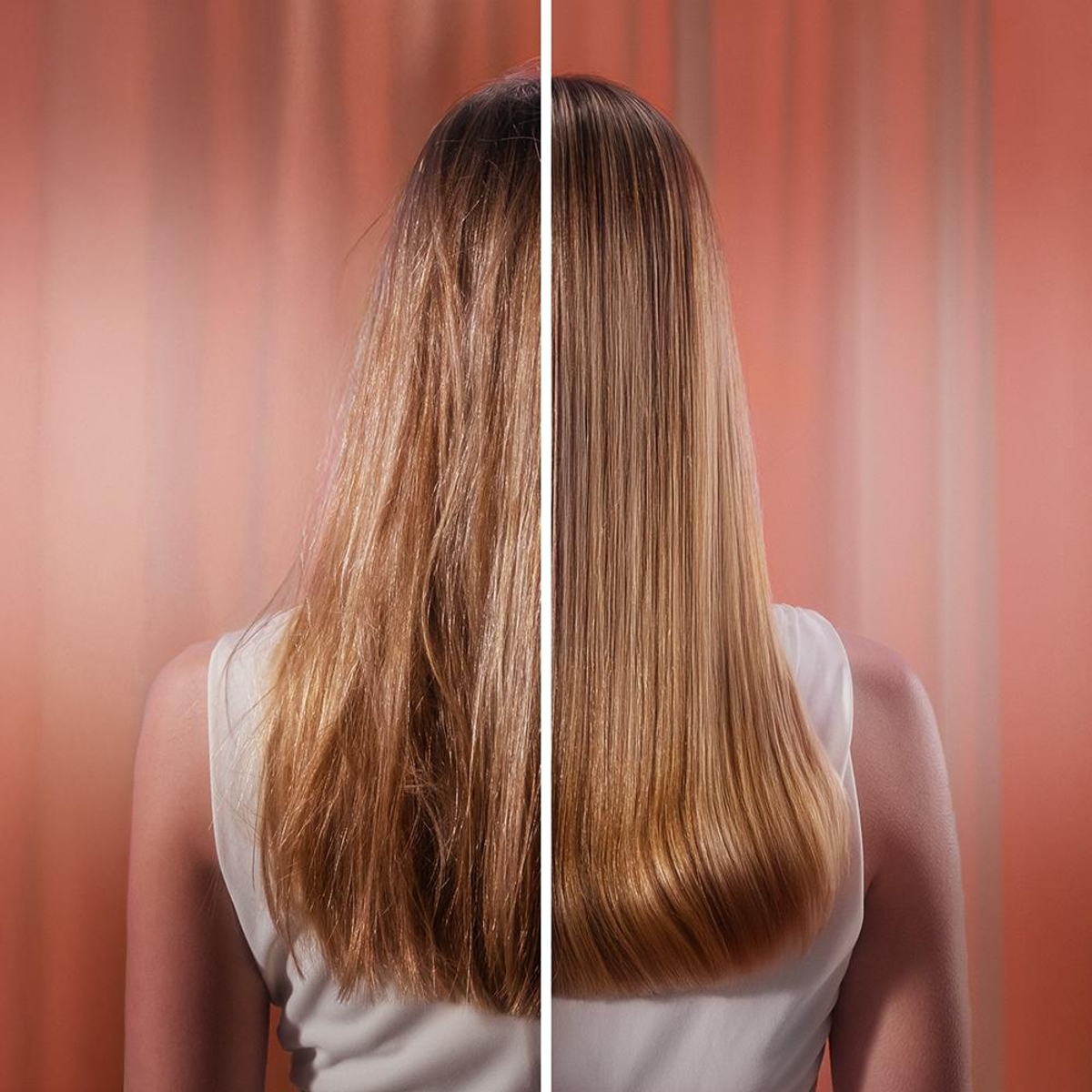 Tratamiento capilar antes y después, cabello de mujer, un lado encrespado, el otro liso.