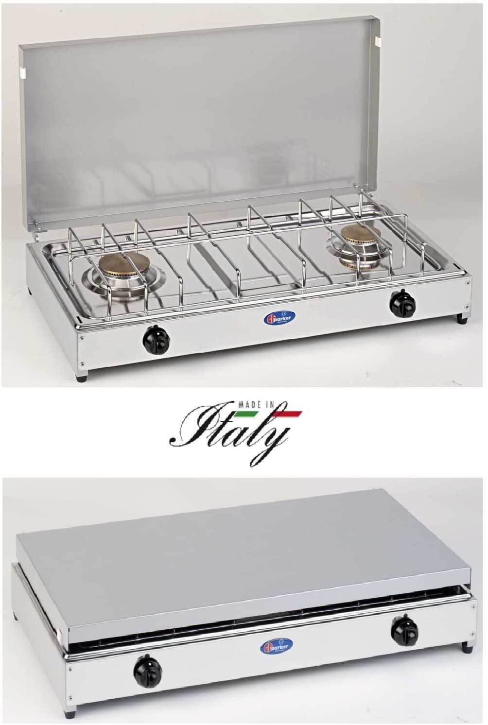 Fornello da campeggio a gas in acciaio inox. Sopra aperto mostra i bruciatori, sopra chiuso è piatto. Made in Italy.