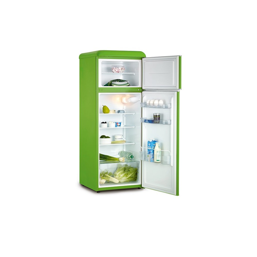 Un frigorifero verde con la porta aperta, che rivela il contenuto.