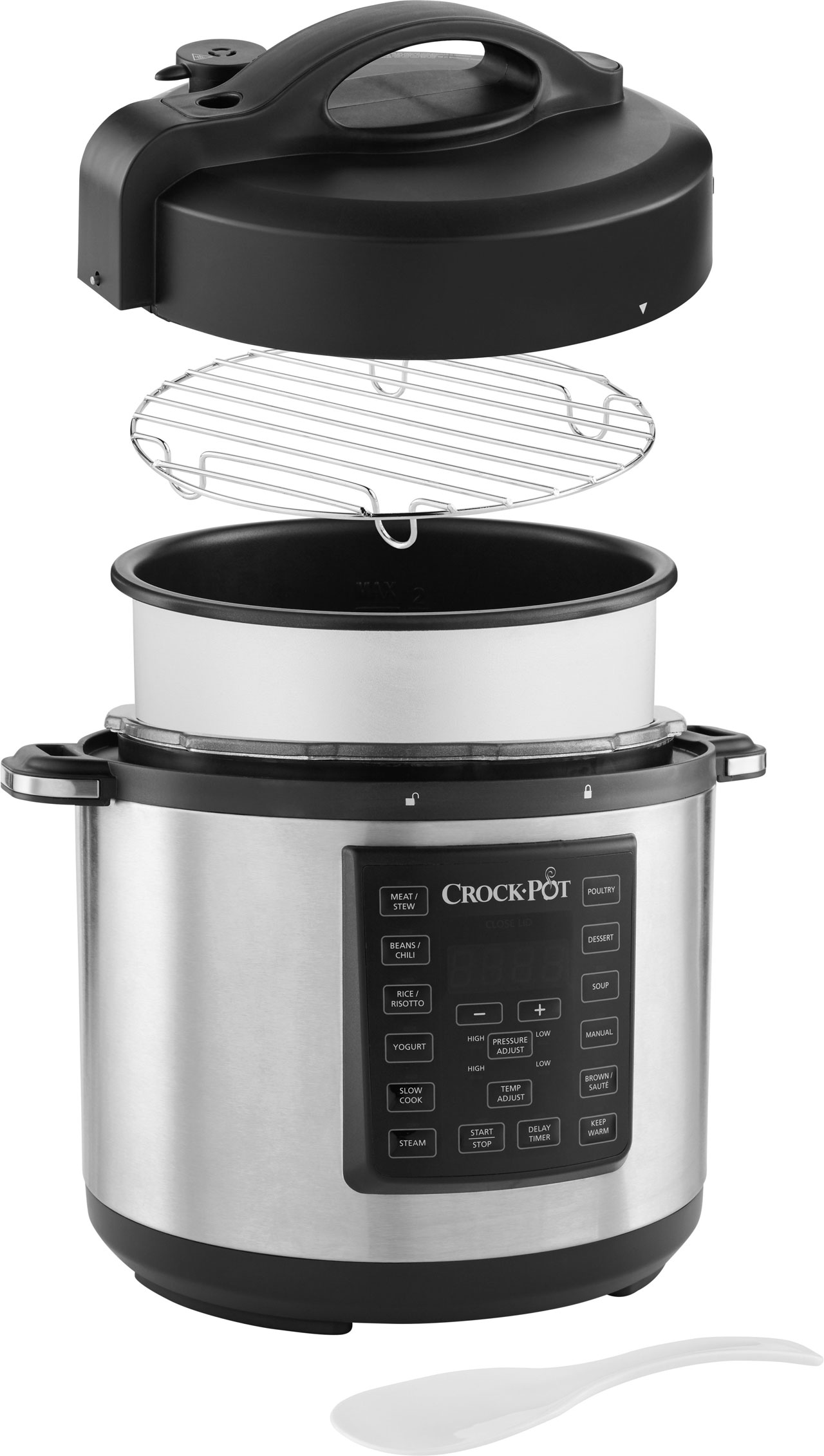 Crock-Pot de acero inoxidable con tapa, rejilla y cuchara.