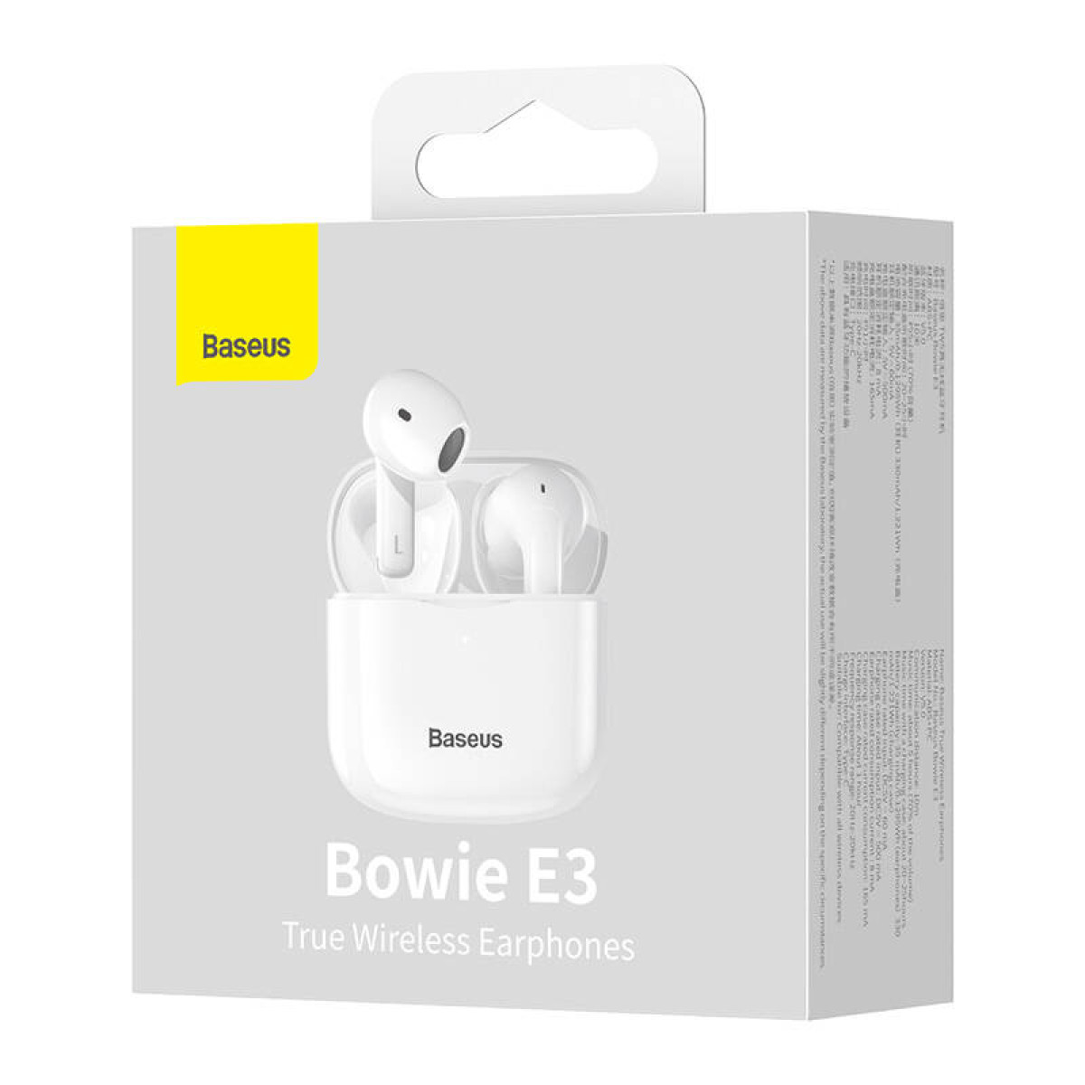 Eine Schachtel mit kabellosen Baseus Bowie E3-Ohrhörern mit Ladeetui.