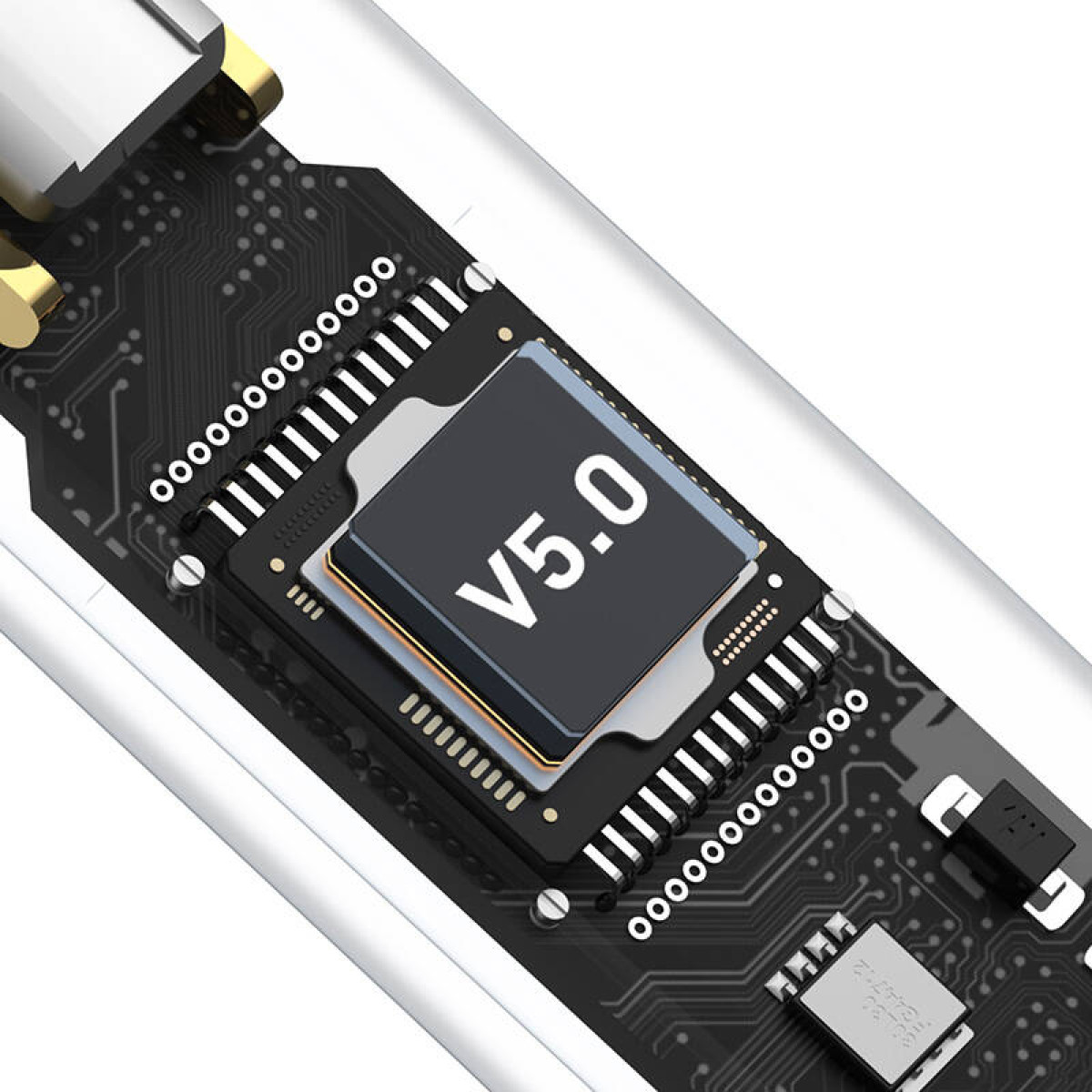 Nahaufnahme einer Leiterplatte mit einem V5.0-Chip, umgeben von elektronischen Bauteilen.