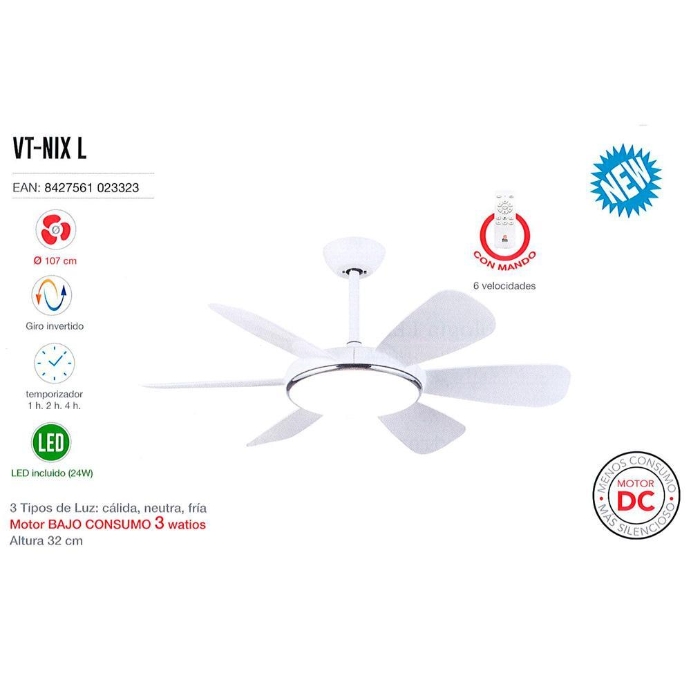 Ventilador de techo blanco con cinco aspas, luz central y detalles del producto.