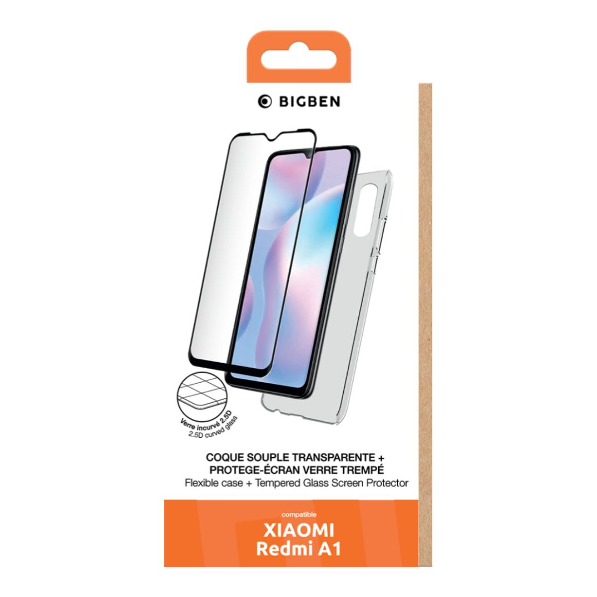 Scatola con protezione schermo e custodia per un telefono Xiaomi Redmi A1.