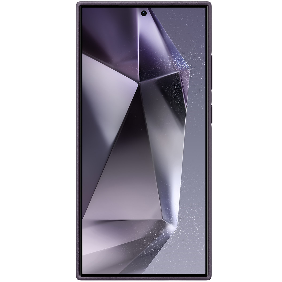 Un teléfono morado con un diseño geométrico en la pantalla, sobre un fondo gris.