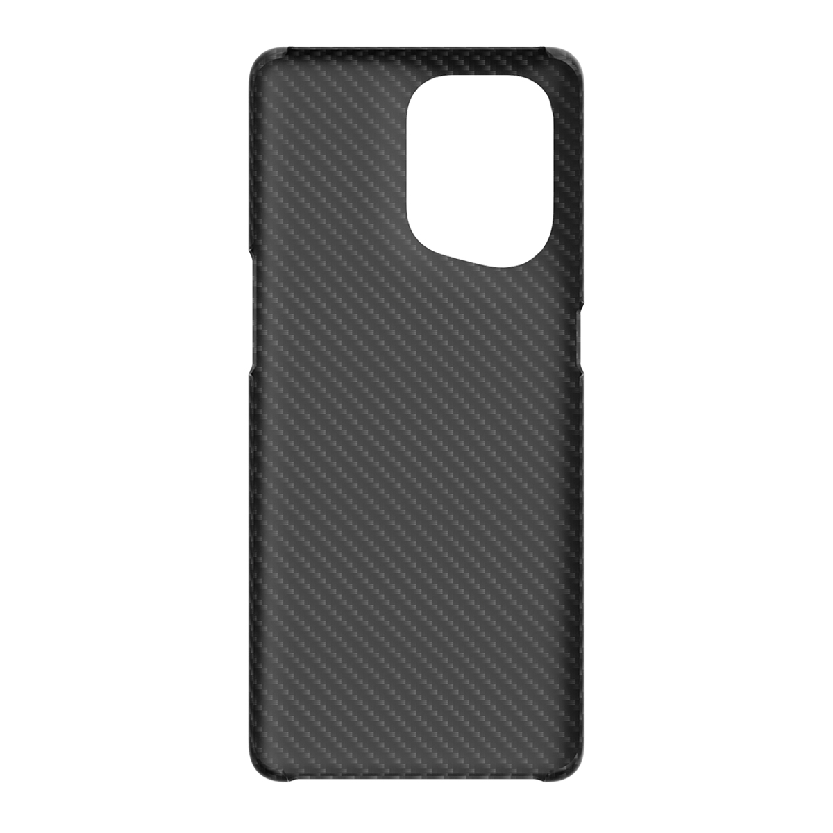 Una custodia per telefono nera con un design in fibra di carbonio e un grande ritaglio per la fotocamera.