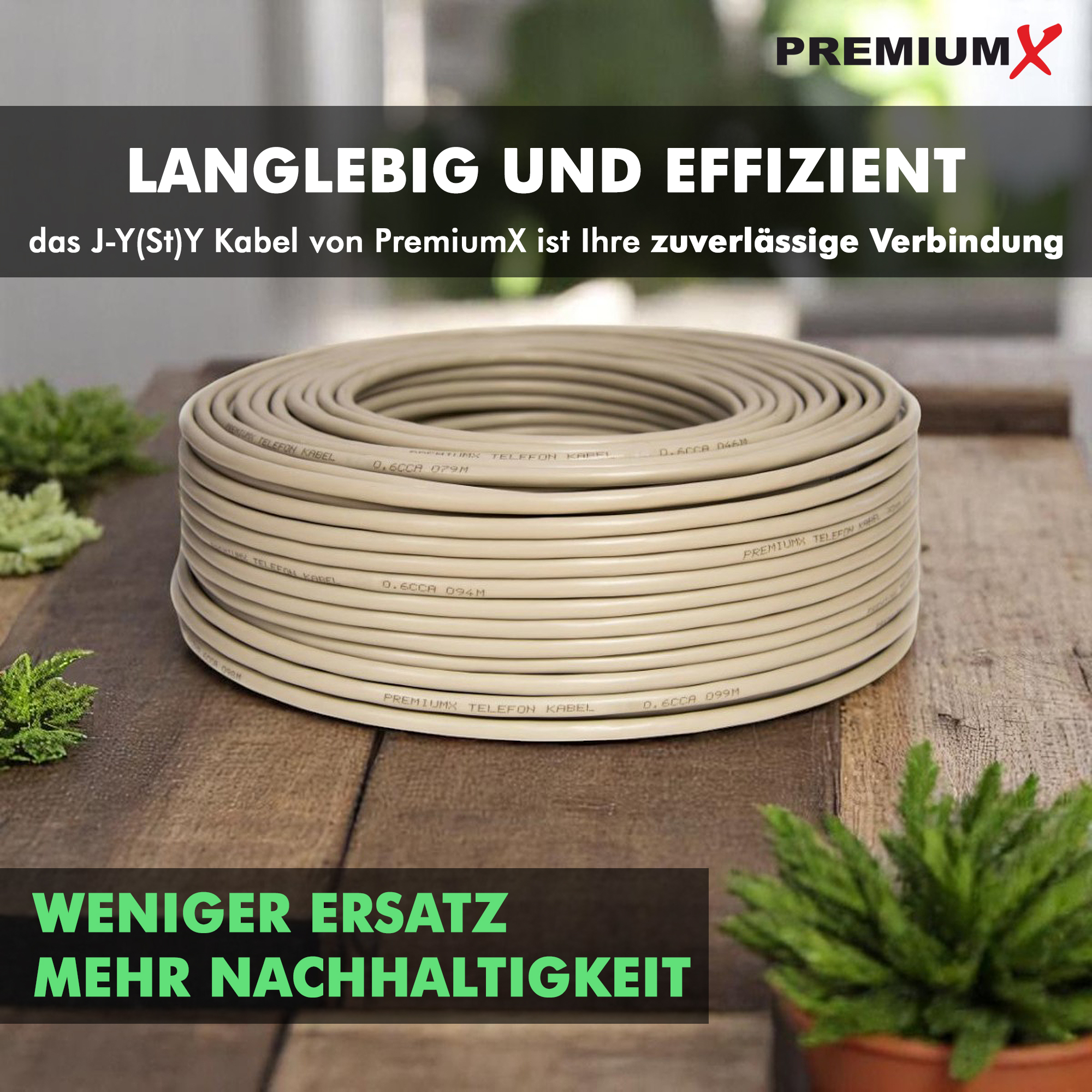 Gerolltes Kabel auf Holz mit Text und grünen Pflanzen.
