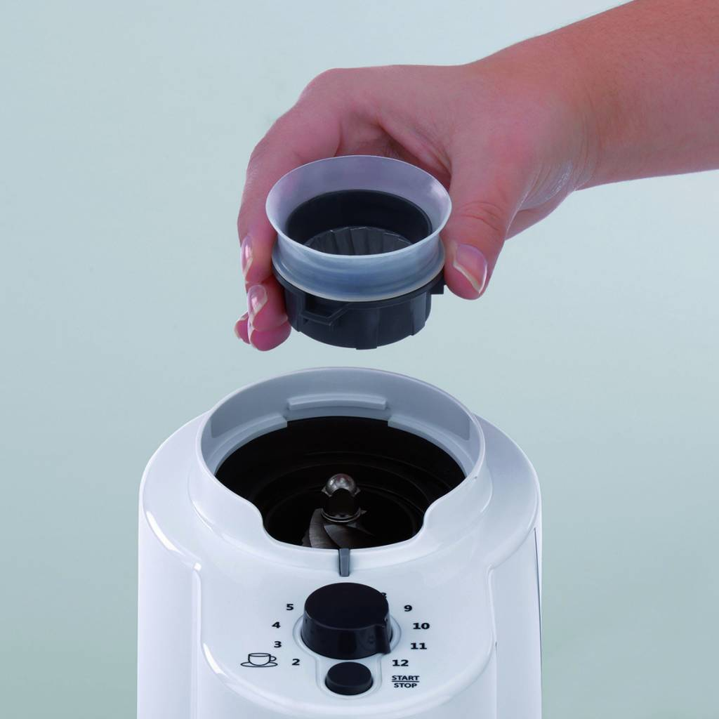 Eine Hand hält einen Mahlaufsatz, mit einer Kaffeemühle im Vordergrund, weißer Hintergrund.