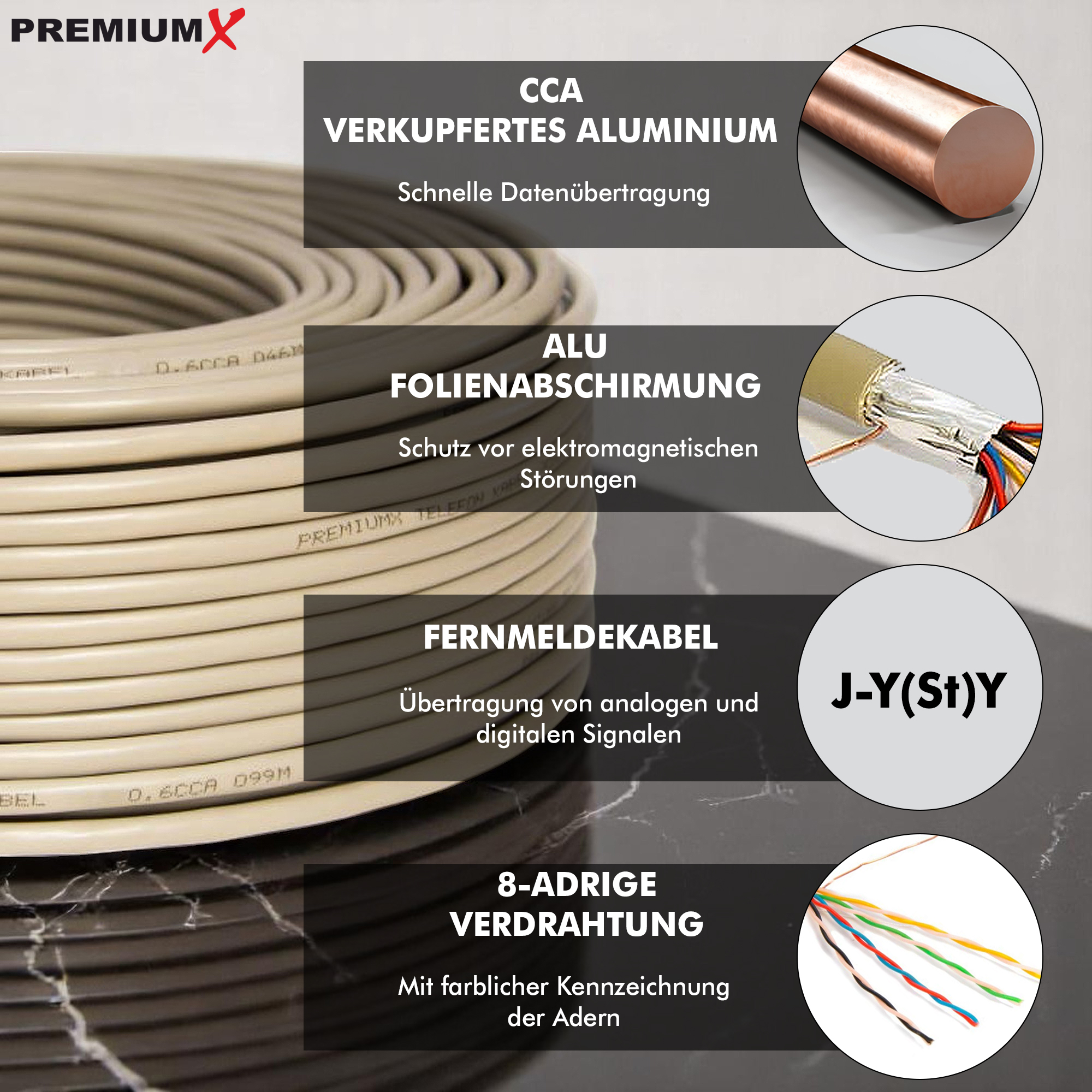 Diagramm mit Text, der die Eigenschaften eines Kabels beschreibt: CCA, Aluminiumabschirmung und 8-adrige Verdrahtung.
