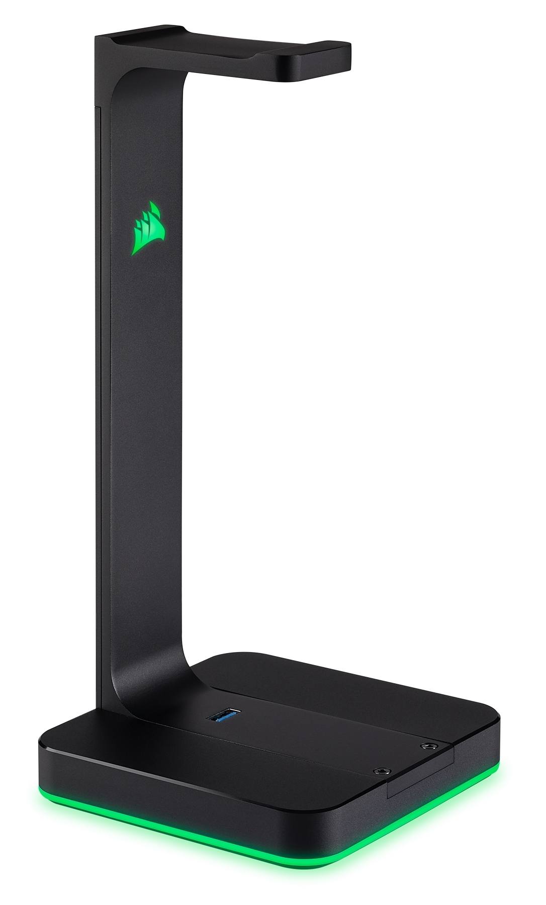 Schwarzer Kopfhörerständer mit grün beleuchteter Basis und Logo, USB-Anschluss.