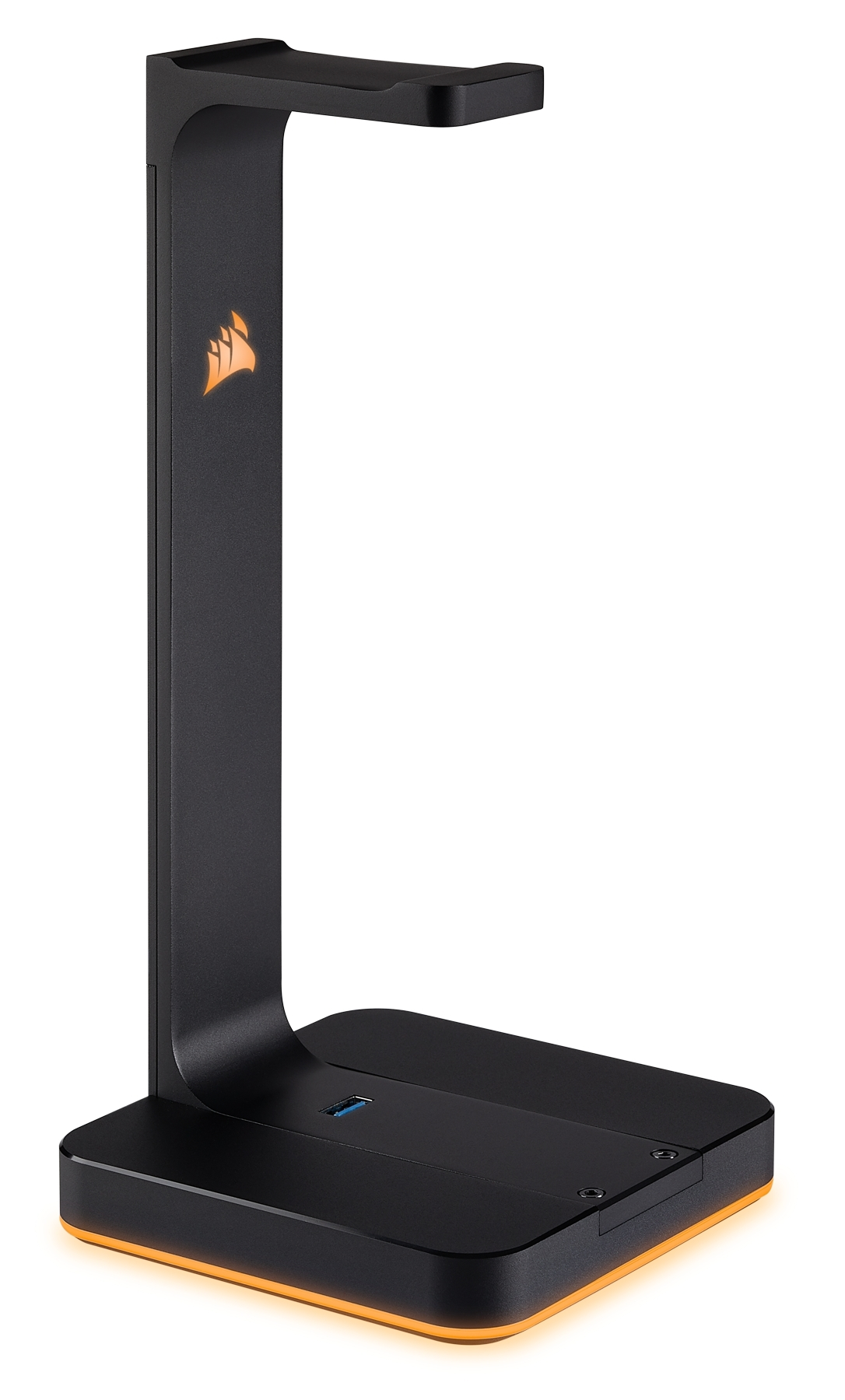 Schwarzer Kopfhörerständer mit orangefarbener beleuchteter Basis und Corsair-Logo. Er hat einen USB-Anschluss.