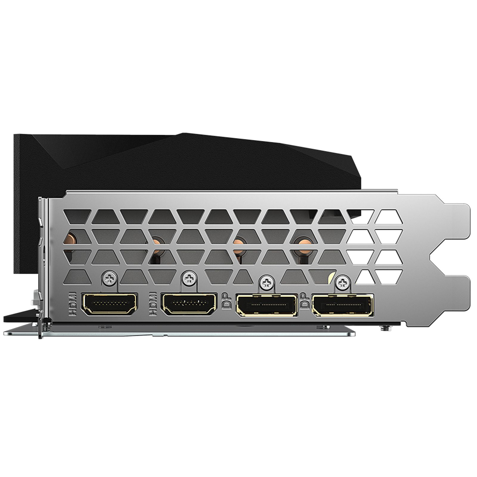 Widok z tyłu karty graficznej z wieloma portami do podłączania wyświetlaczy.