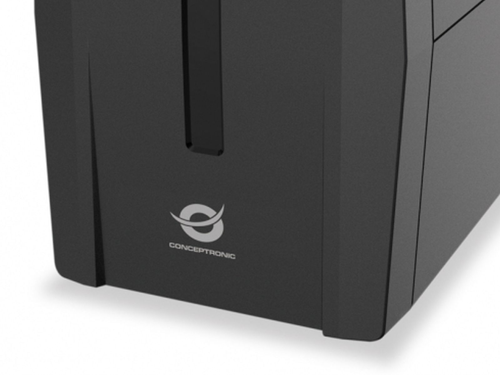 Case per computer nero con logo Conceptronic nell'angolo inferiore.