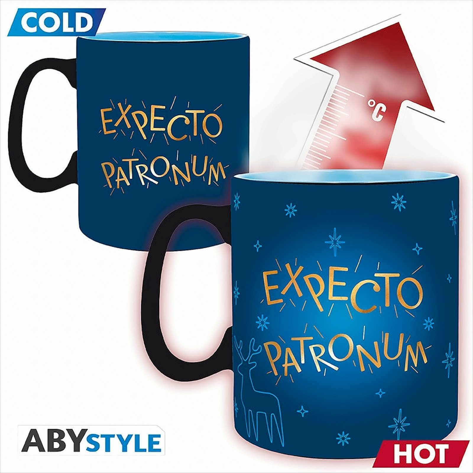 Ein Becher mit schwarzem Griff und dem Text 'Expecto Patronum', der die Farbe mit der Temperatur ändert.