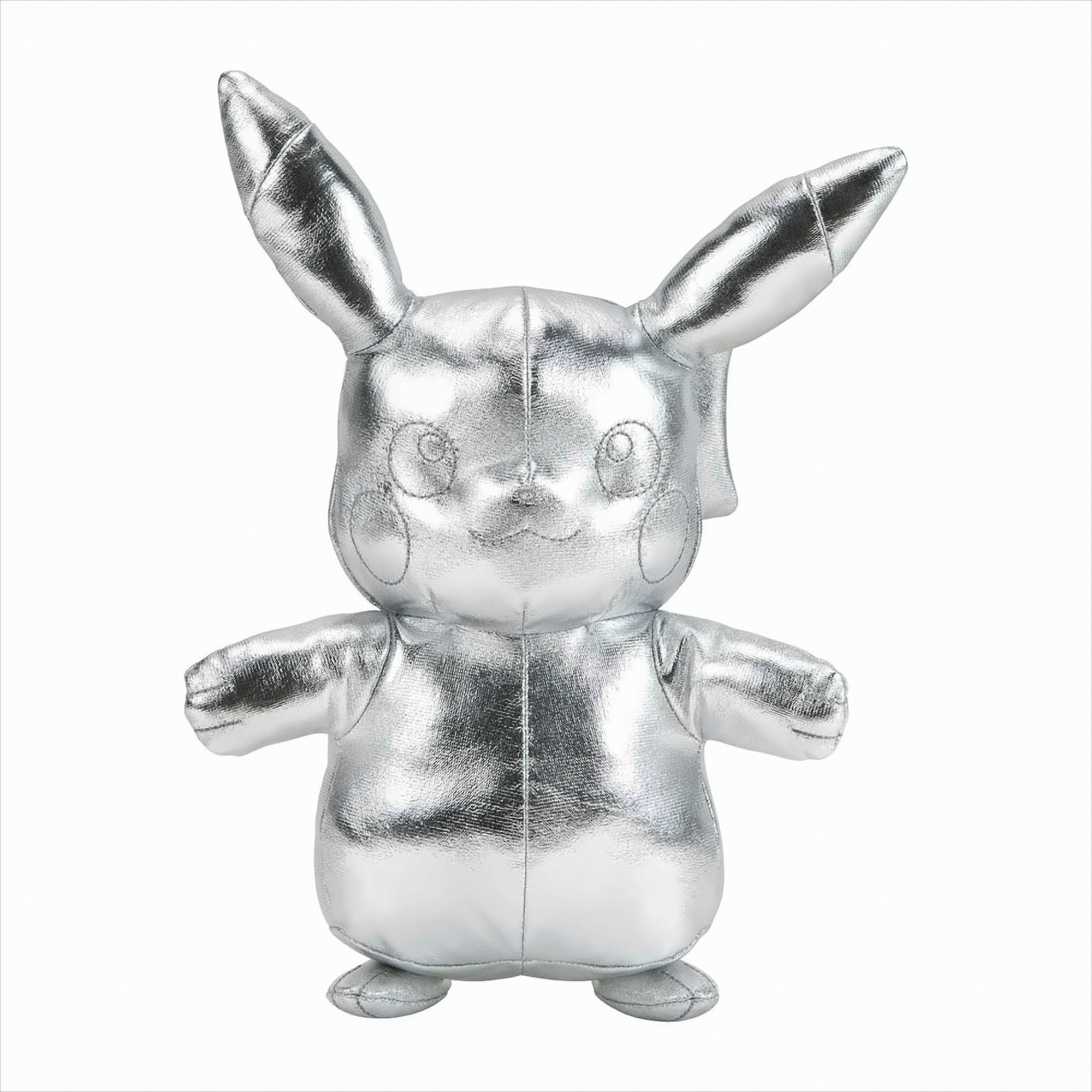 Ein silbernes Pikachu-Plüschtier auf weißem Hintergrund.