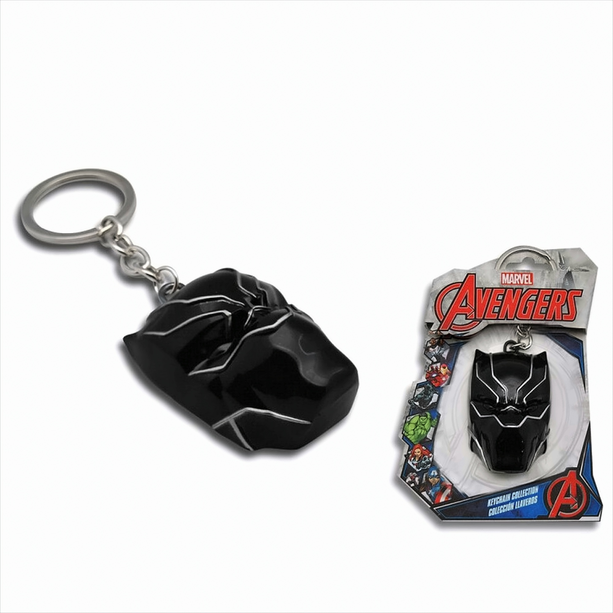 Llavero de Pantera Negra. Diseño de máscara negra, cadena plateada. Empaque con logo de Avengers.
