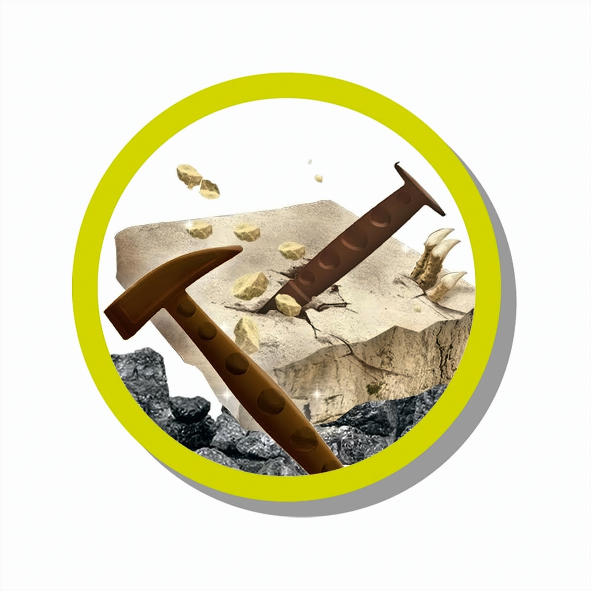 Primer plano de una imagen circular de martillos rompiendo una roca, revelando un hueso y dientes de dinosaurio.